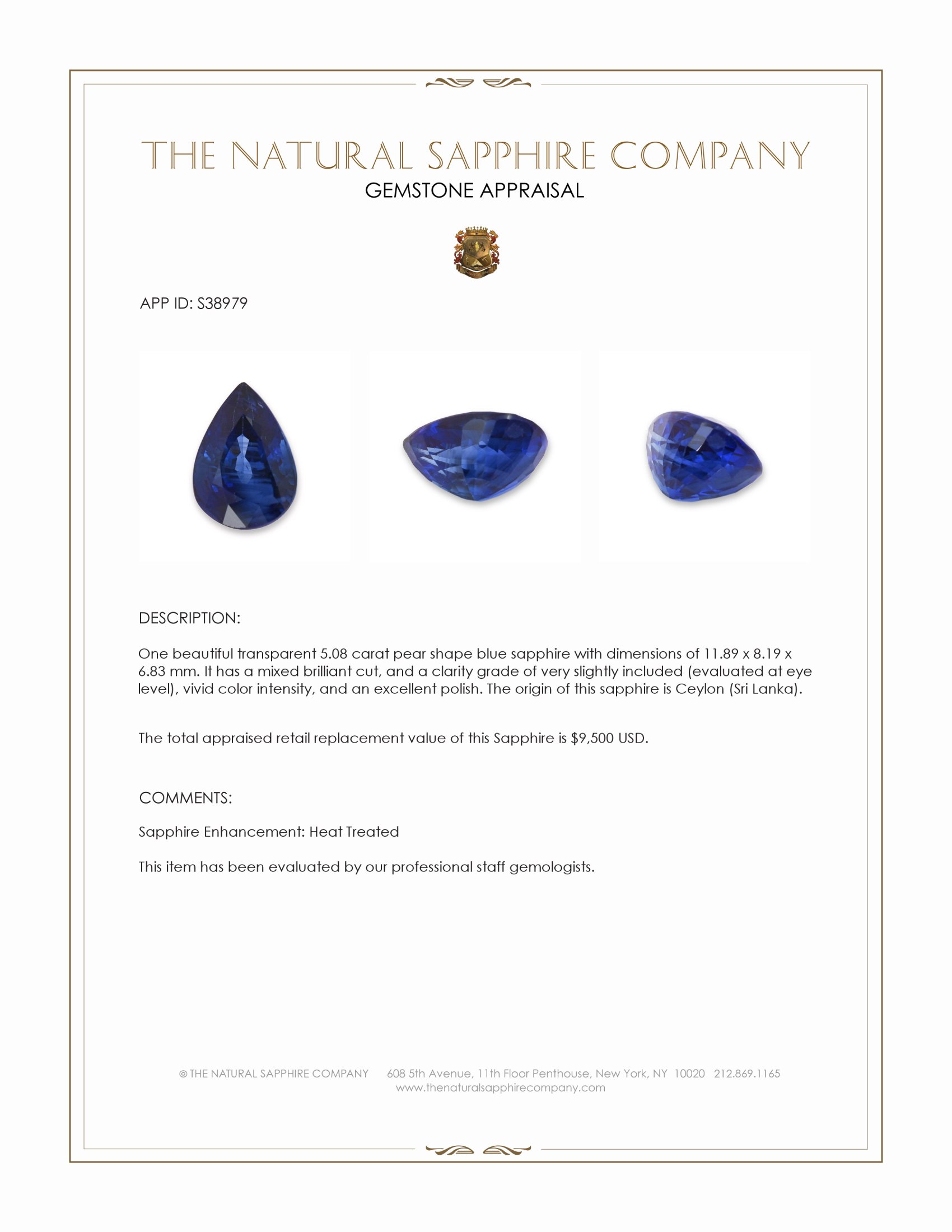 5.08 Ct. Blue Sapphire from Ceylon (Sri Lanka)