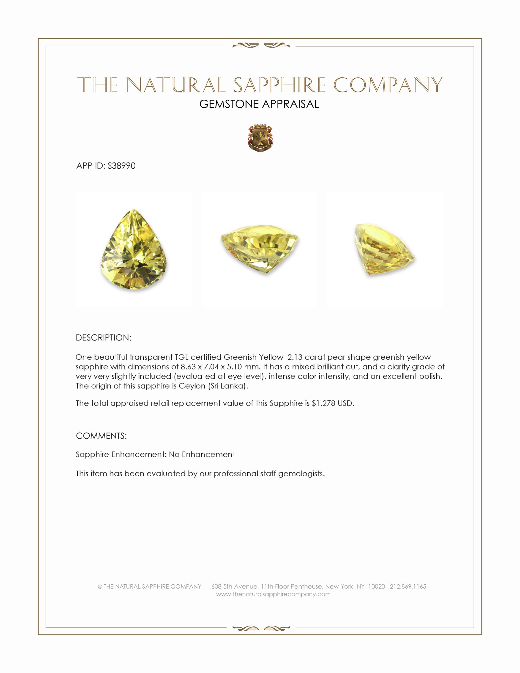 2.13 Ct. Greenish Yellow Sapphire from Ceylon (Sri Lanka)