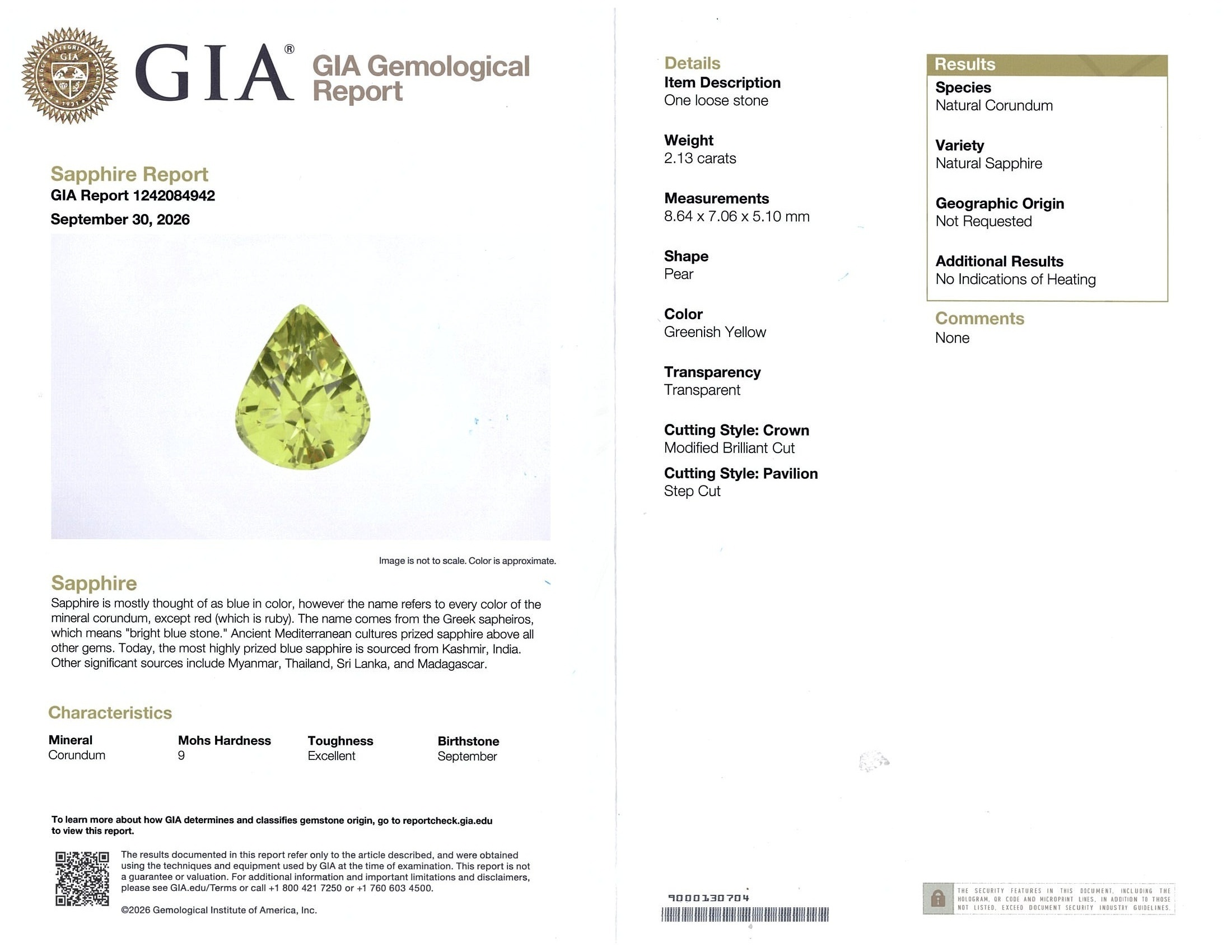 2.13 Ct. Greenish Yellow Sapphire from Ceylon (Sri Lanka)