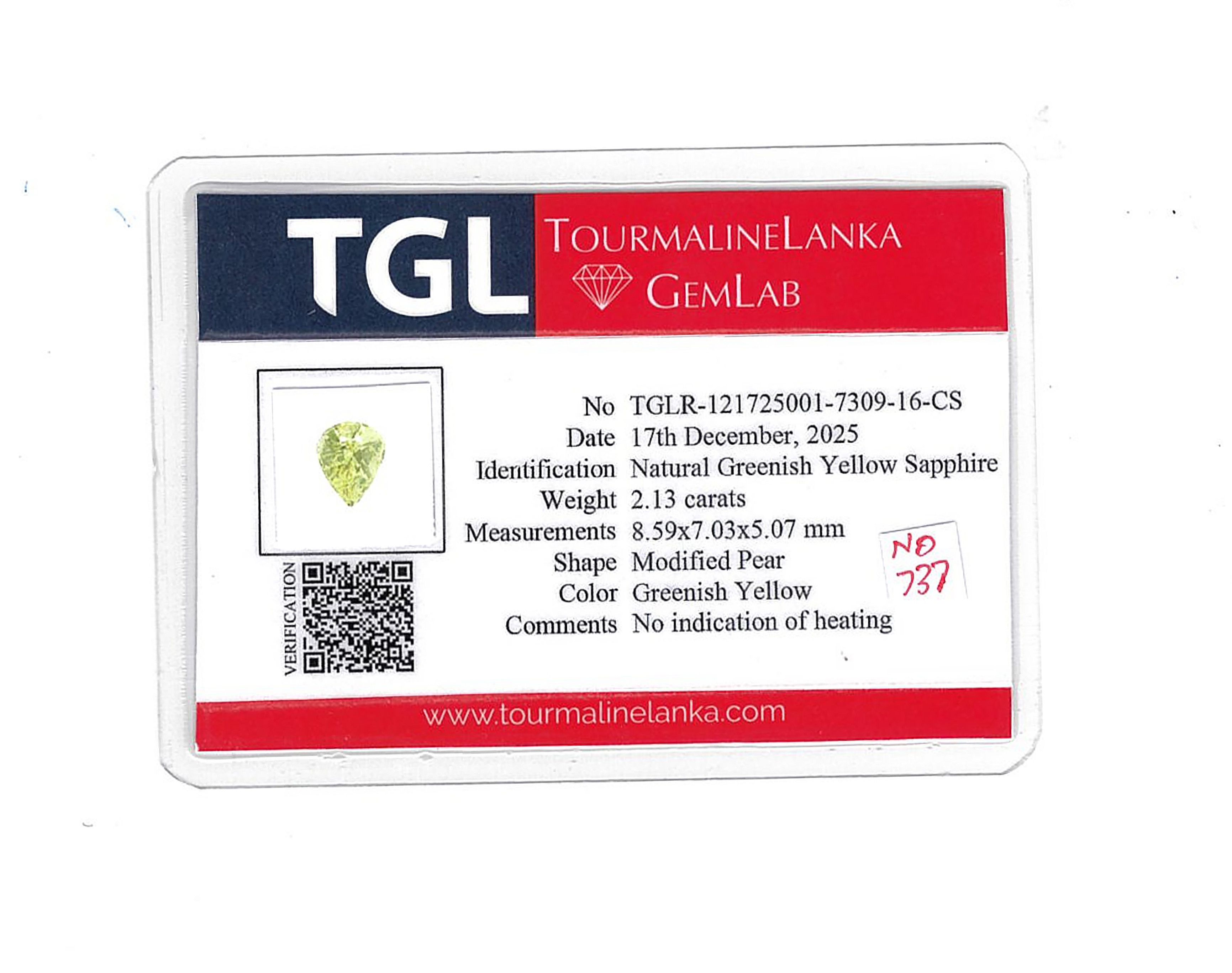 2.13 Ct. Greenish Yellow Sapphire from Ceylon (Sri Lanka)