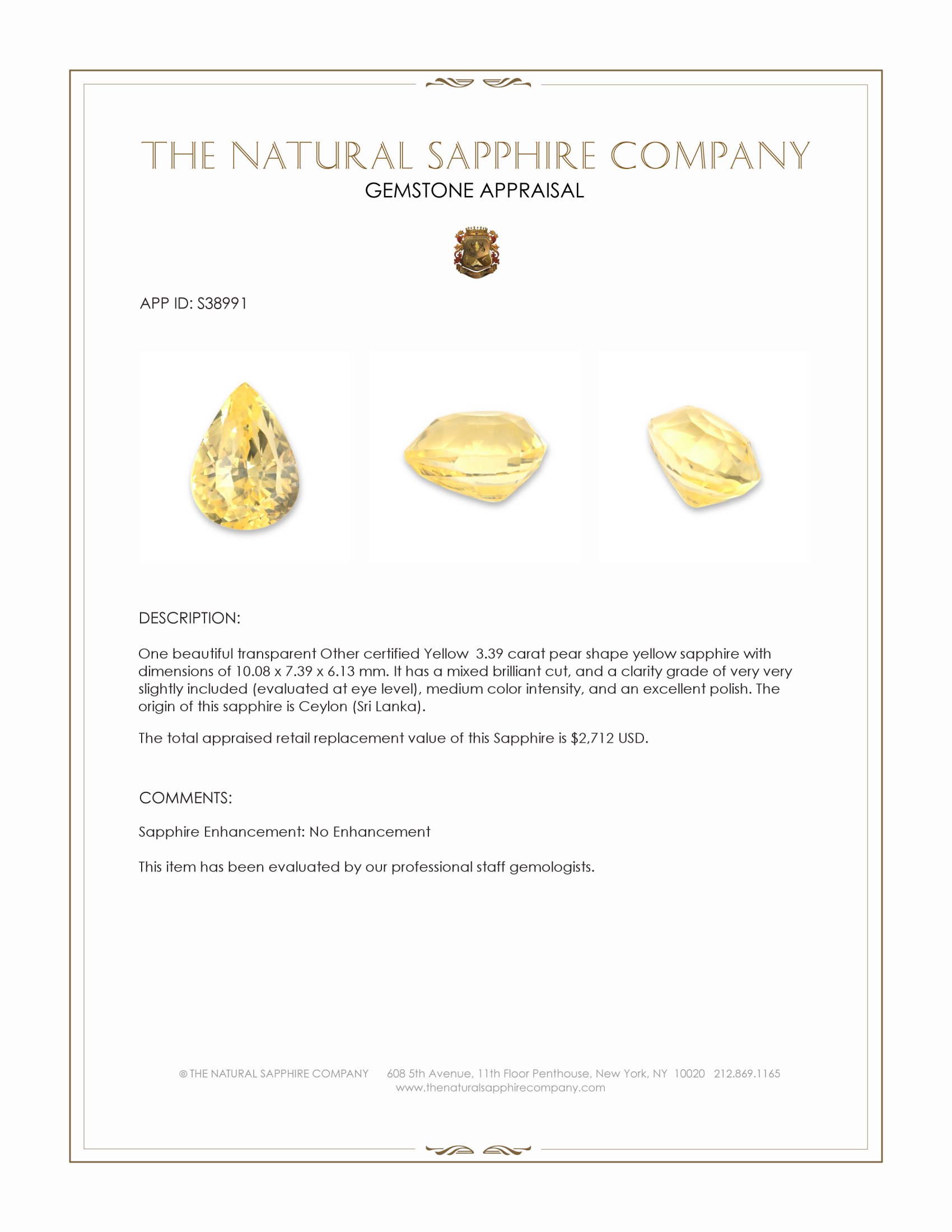 3.39 Ct. Yellow Sapphire from Ceylon (Sri Lanka)