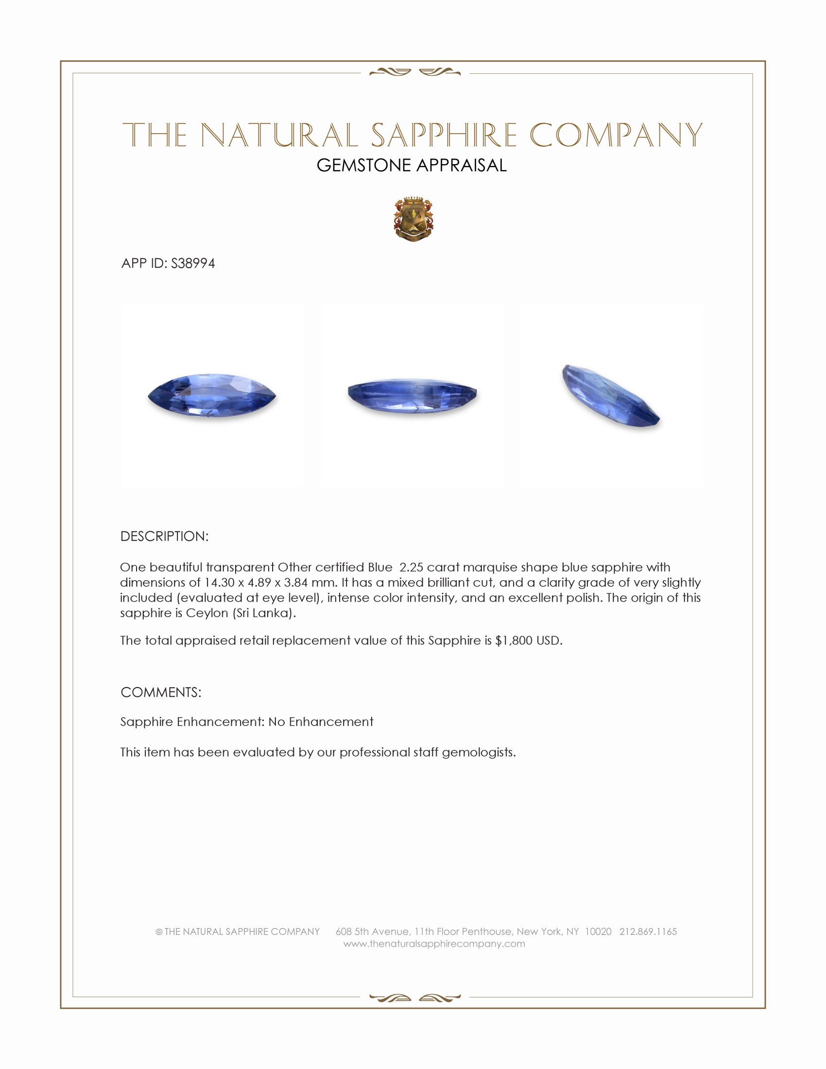 2.25 Ct. Blue Sapphire from Ceylon (Sri Lanka)