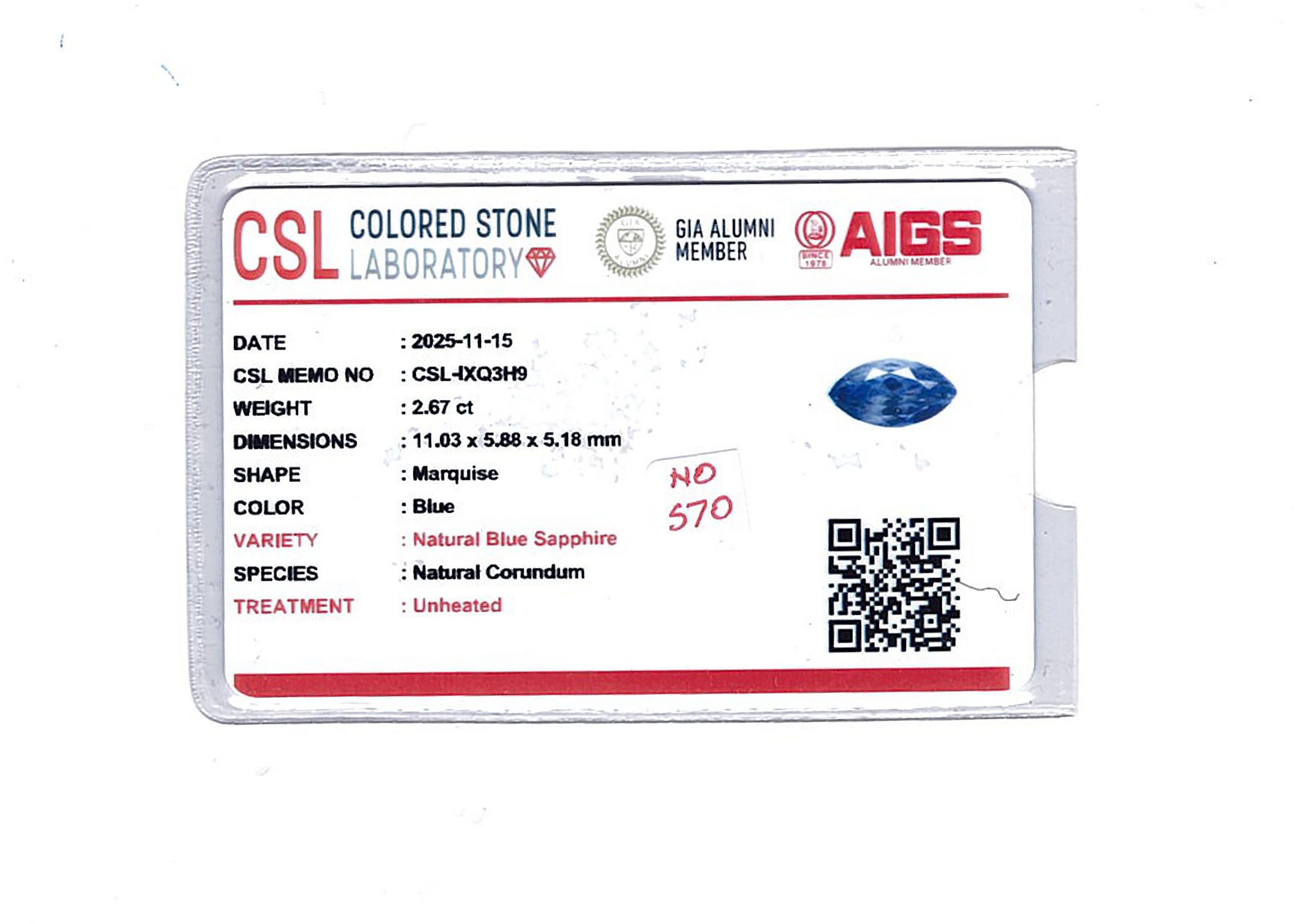2.67 Ct. Blue Sapphire from Ceylon (Sri Lanka)
