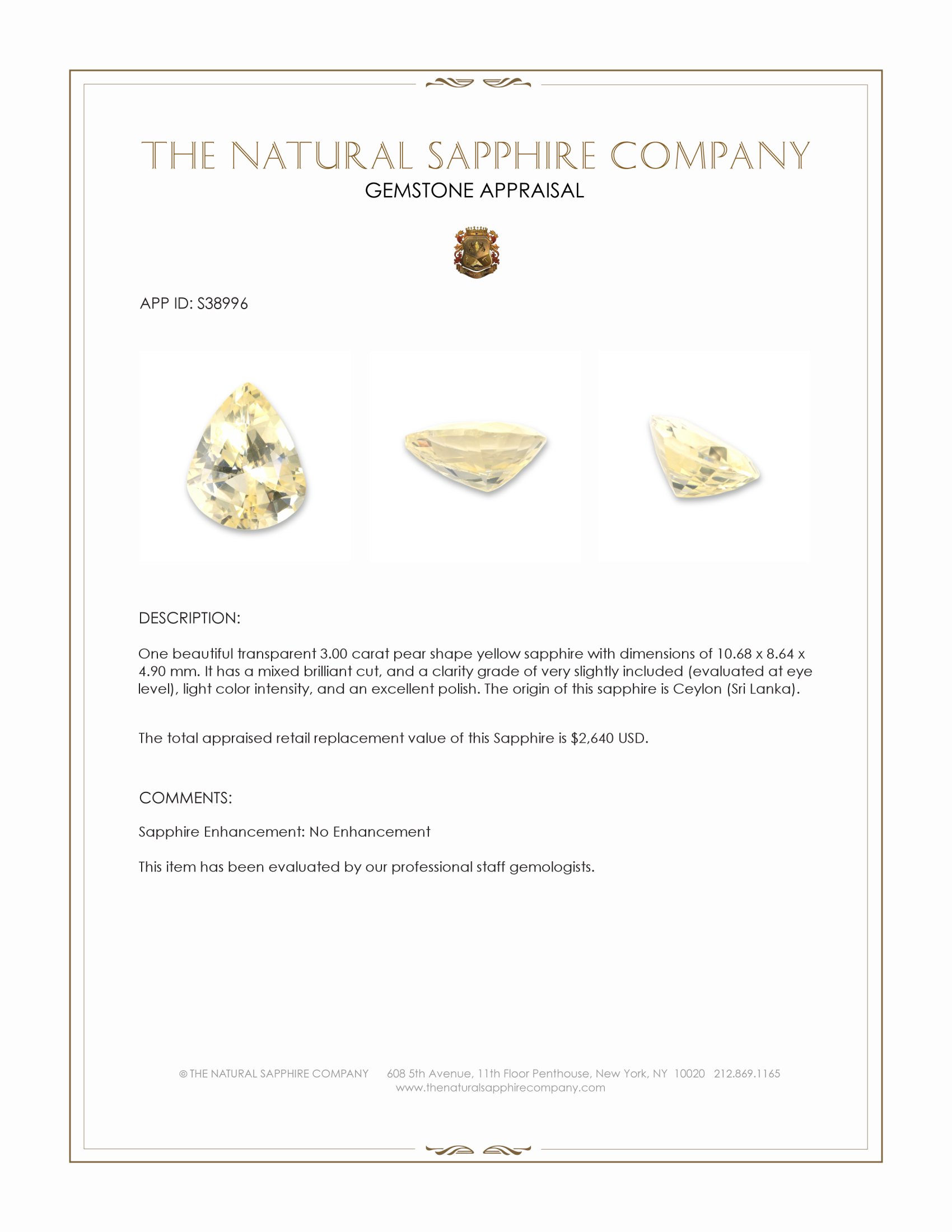 3.00 Ct. Yellow Sapphire from Ceylon (Sri Lanka)