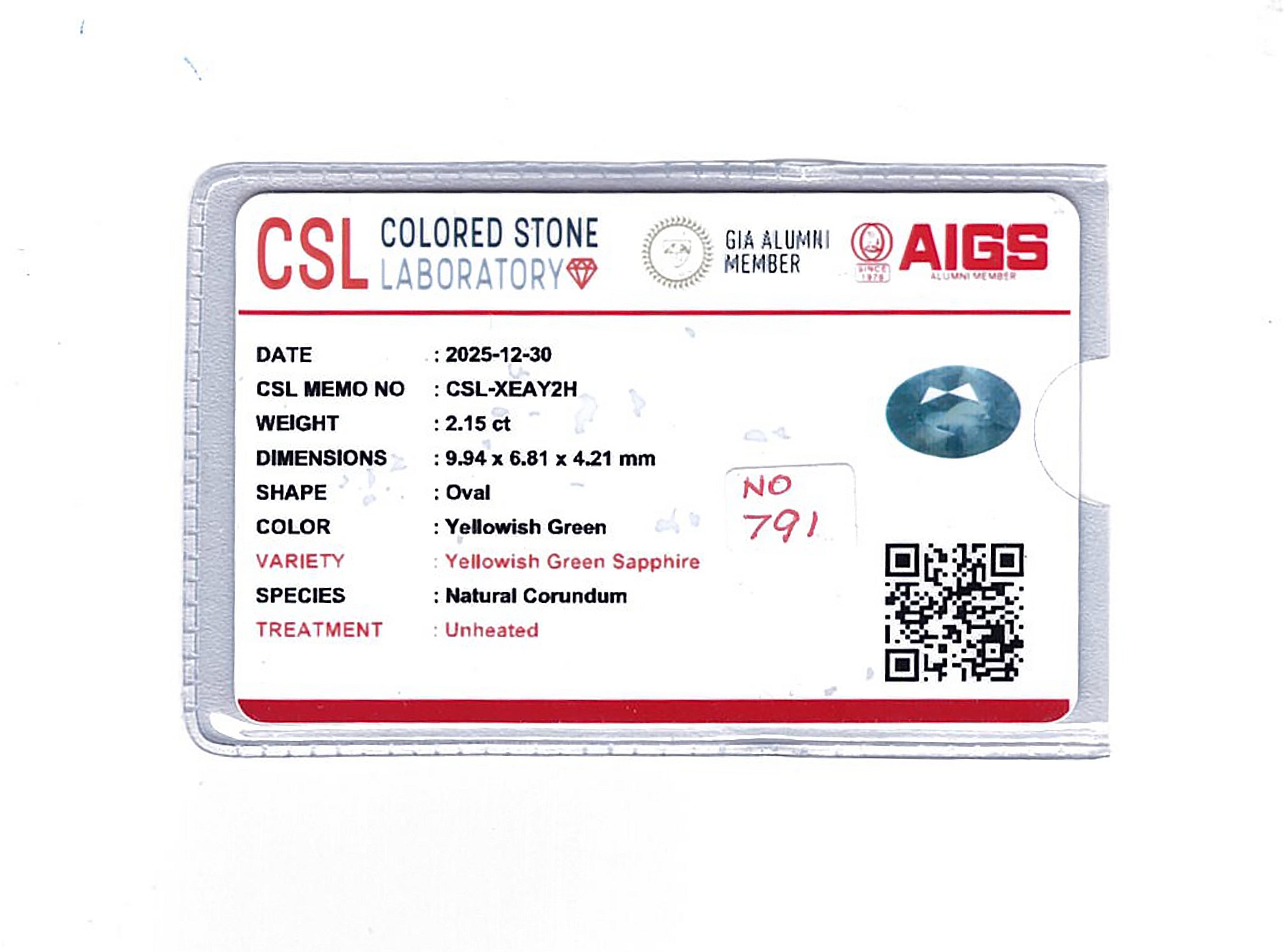 2.15 Ct. Yellowish Green Sapphire from Madagascar