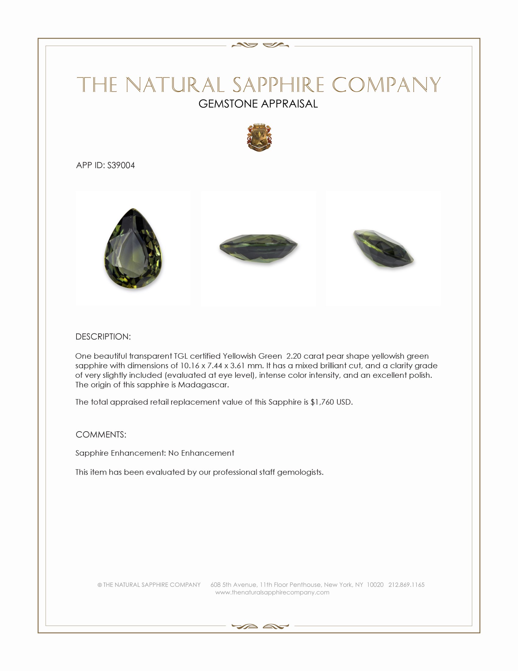 2.20 Ct. Yellowish Green Sapphire from Madagascar