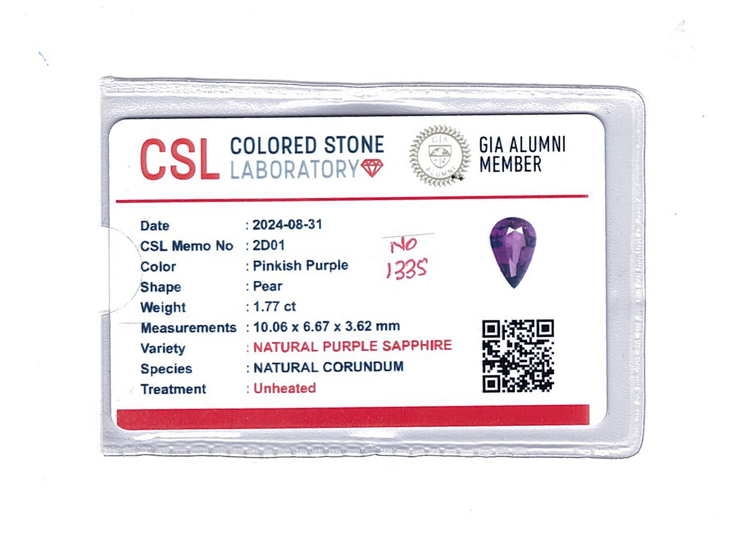 1.77 Ct. Pinkish Purple Sapphire from Madagascar