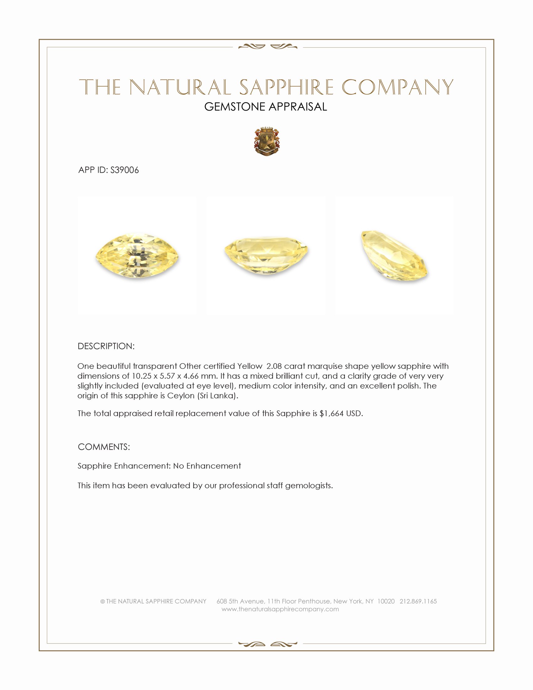 2.08 Ct. Yellow Sapphire from Ceylon (Sri Lanka)