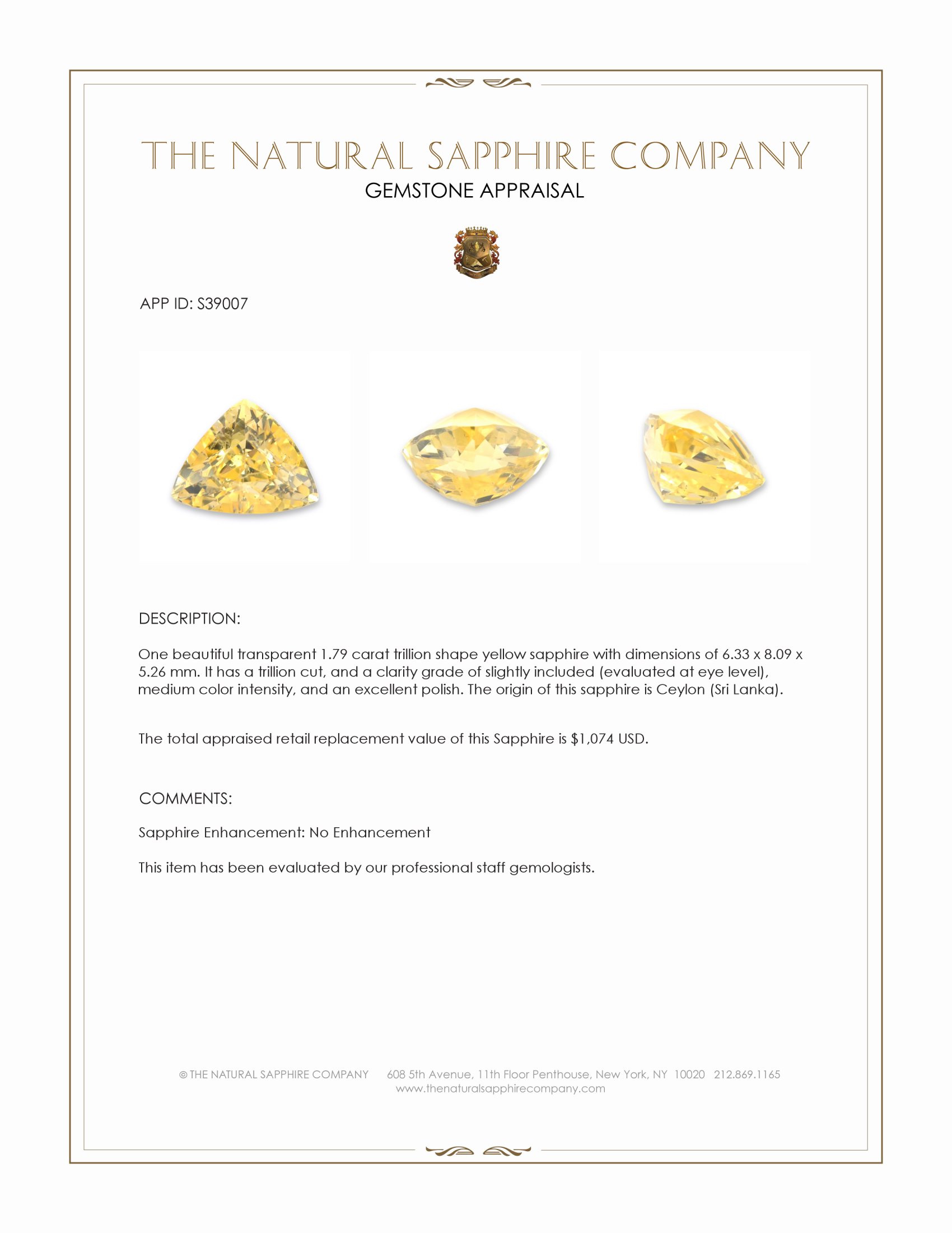 1.79 Ct. Yellow Sapphire from Ceylon (Sri Lanka)