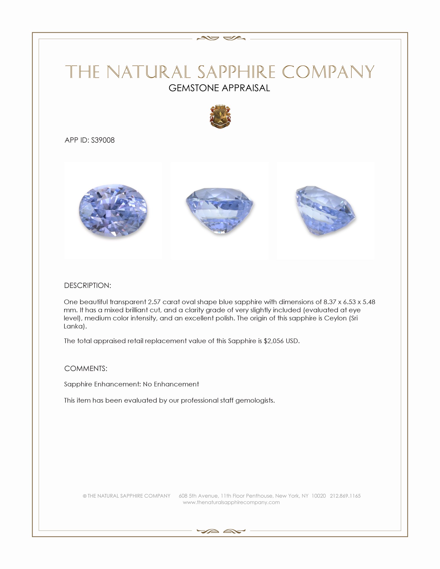 2.57 Ct. Blue Sapphire from Ceylon (Sri Lanka)