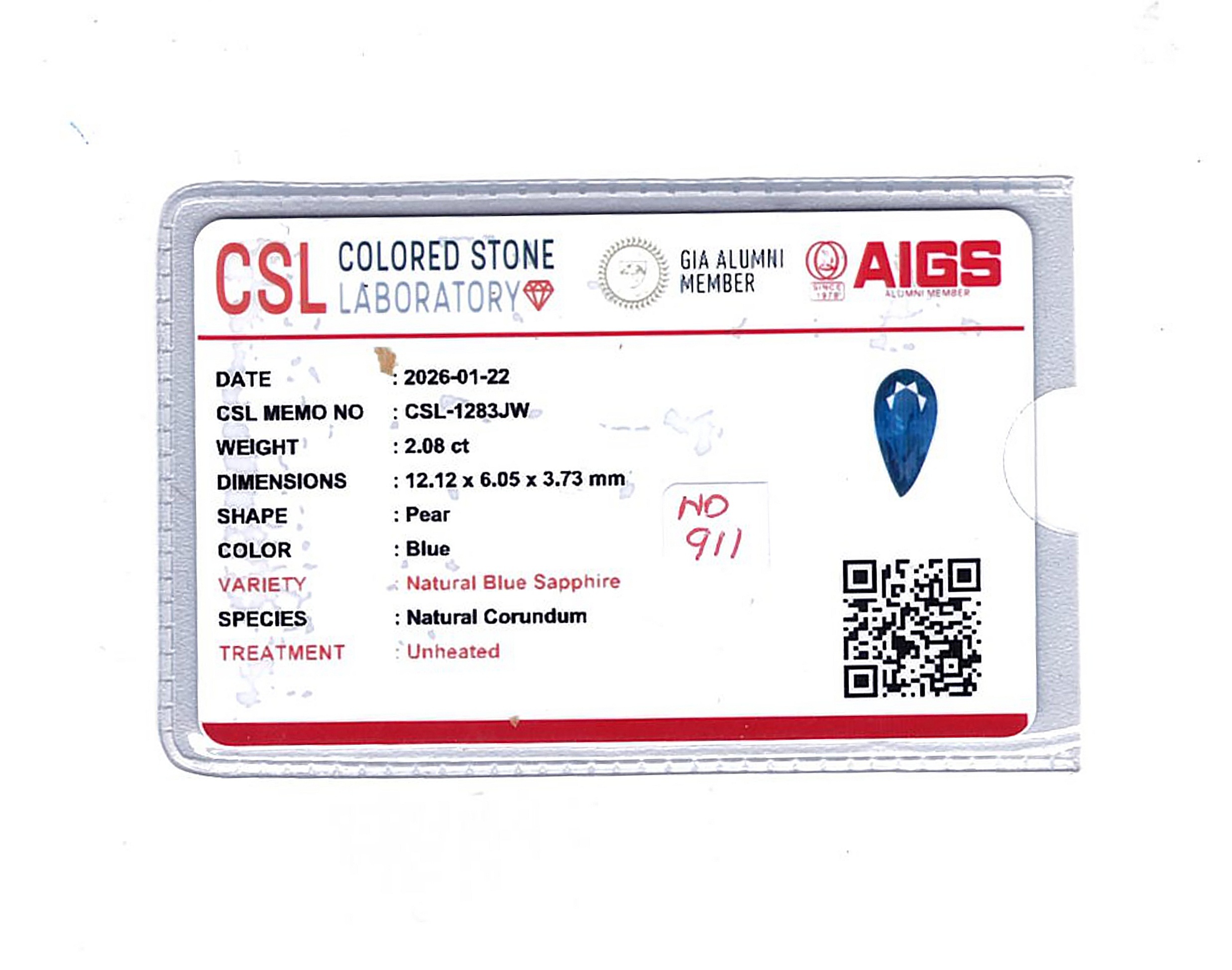 2.08 Ct. Blue Sapphire from Ceylon (Sri Lanka)