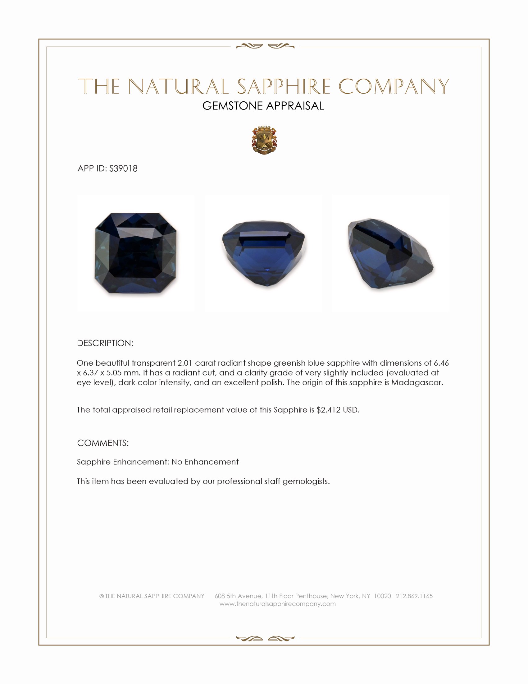 2.01 Ct. Greenish Blue Sapphire from Madagascar