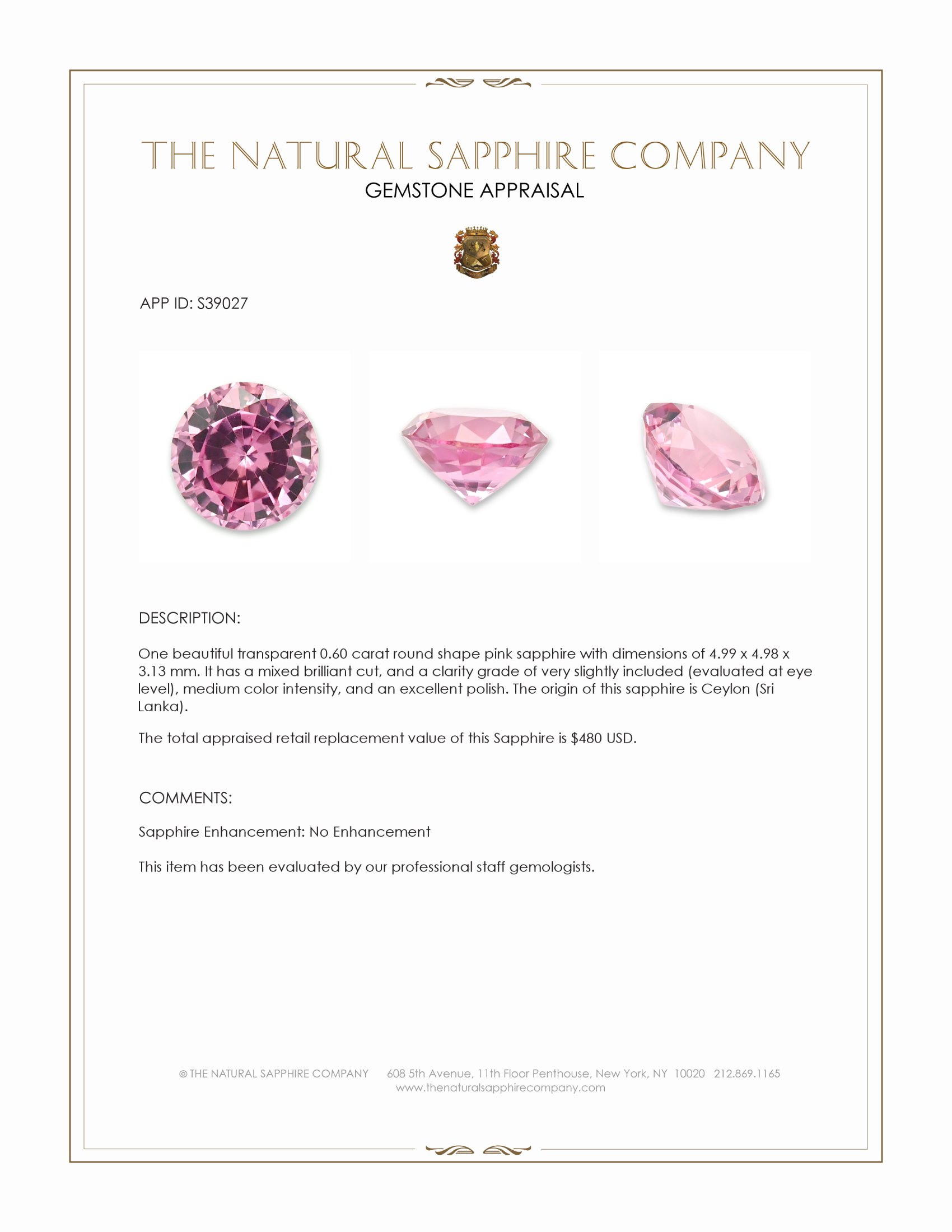 0.60 Ct. Pink Sapphire from Ceylon (Sri Lanka)