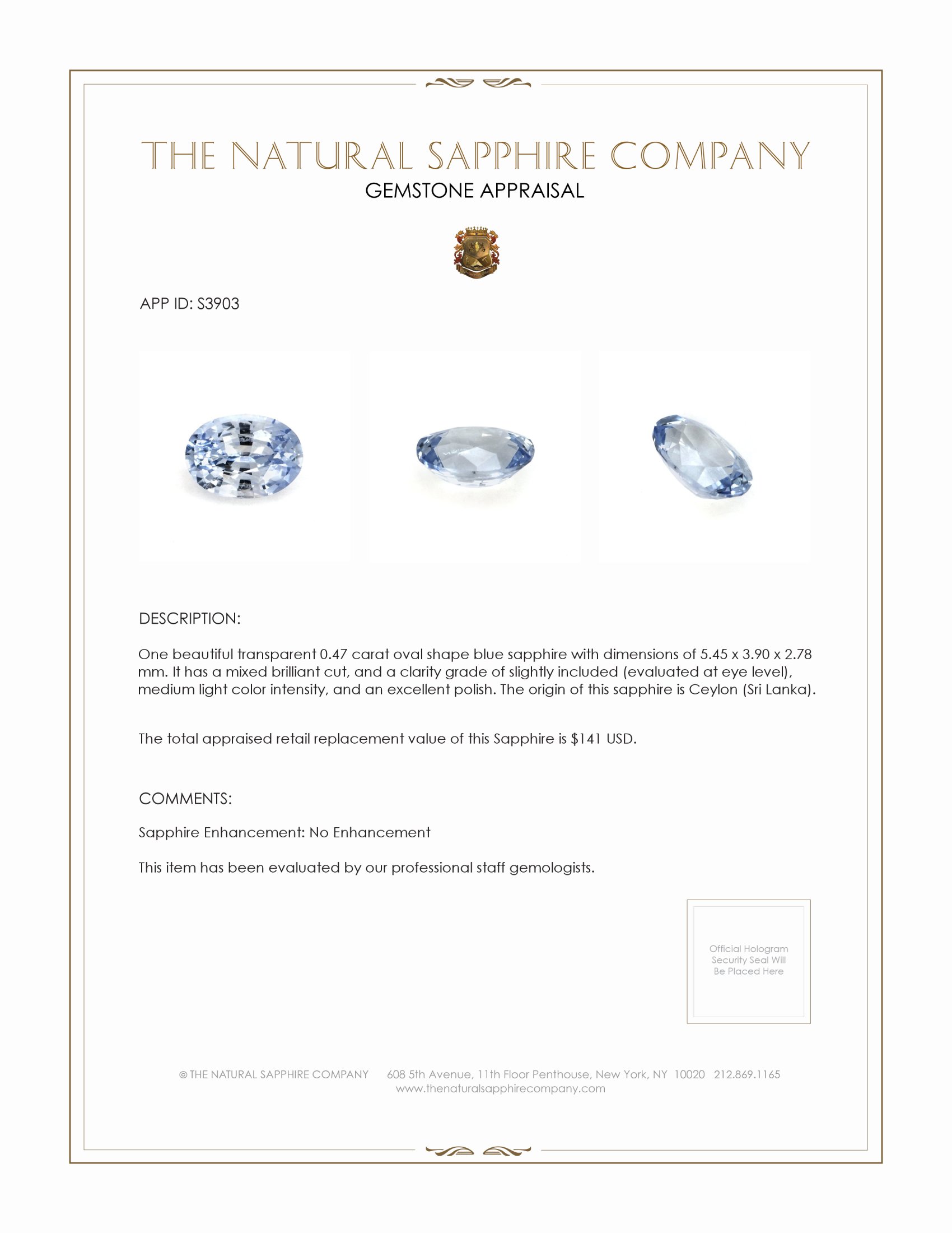 0.47 Ct. Blue Sapphire from Ceylon (Sri Lanka)