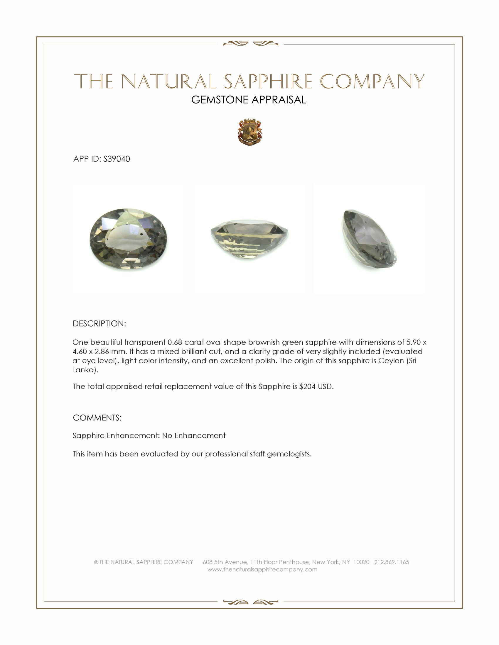 0.68 Ct. Brownish Green Sapphire from Ceylon (Sri Lanka)