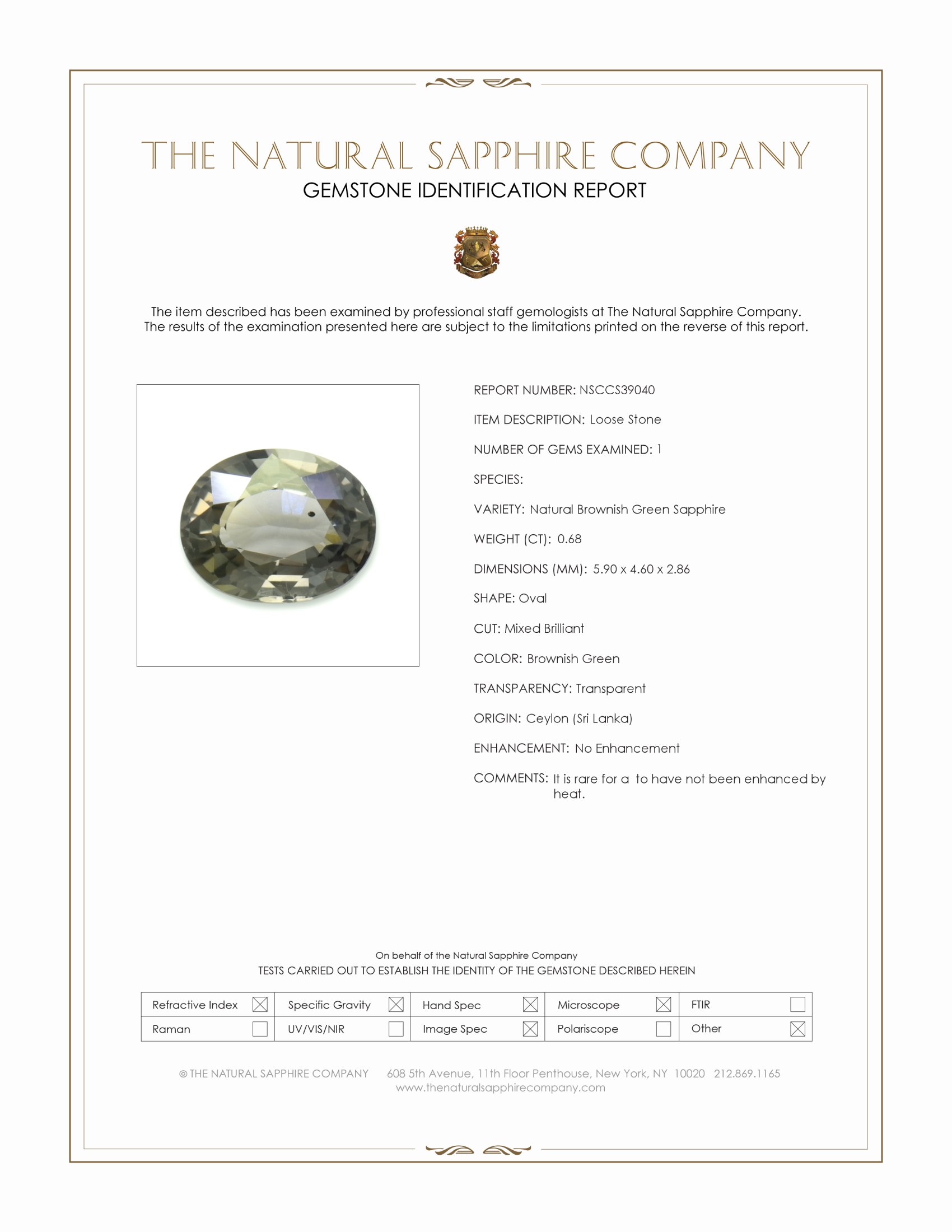 0.68 Ct. Brownish Green Sapphire from Ceylon (Sri Lanka)