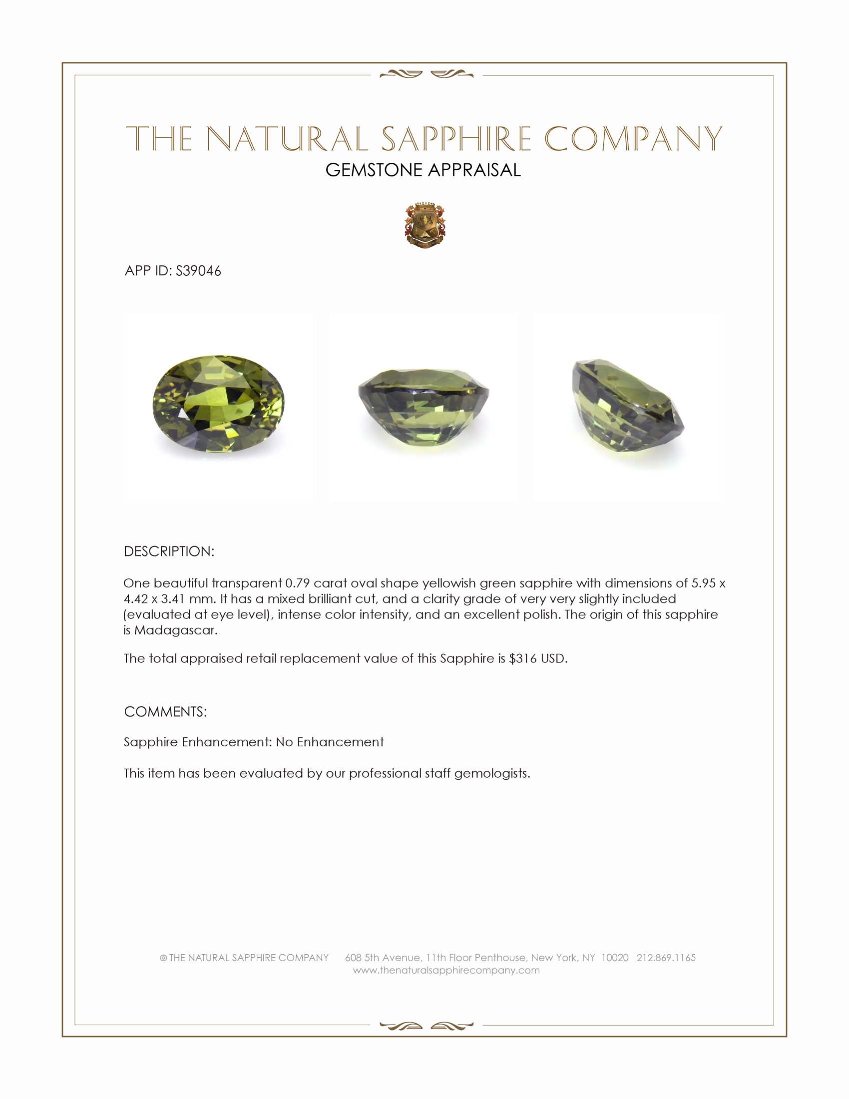 0.79 Ct. Yellowish Green Sapphire from Madagascar