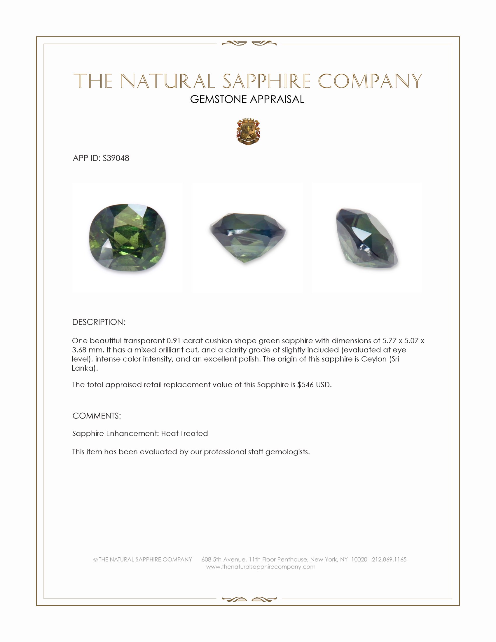 0.91 Ct. Green Sapphire from Ceylon (Sri Lanka)
