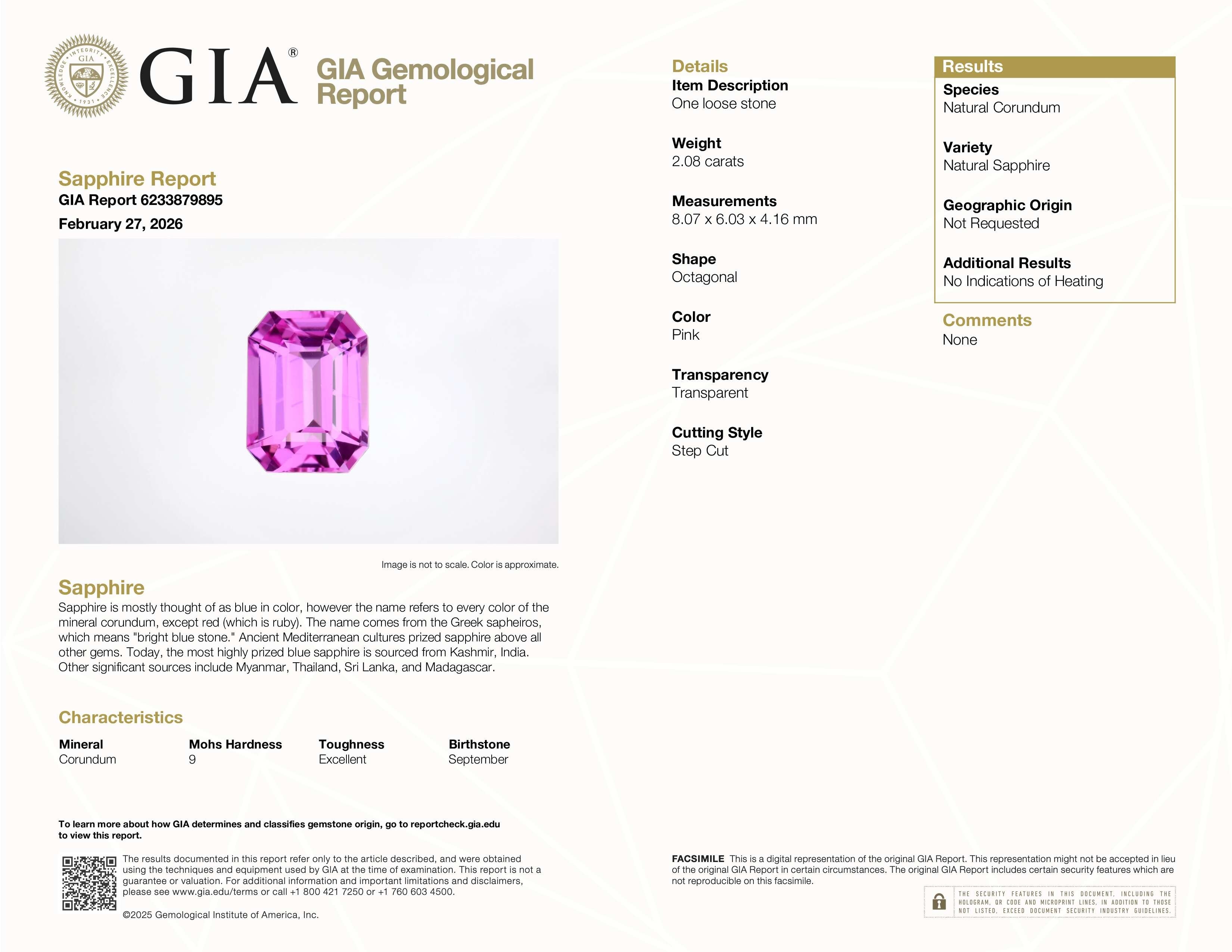 2.08 Ct. Pink Sapphire from Ceylon (Sri Lanka)