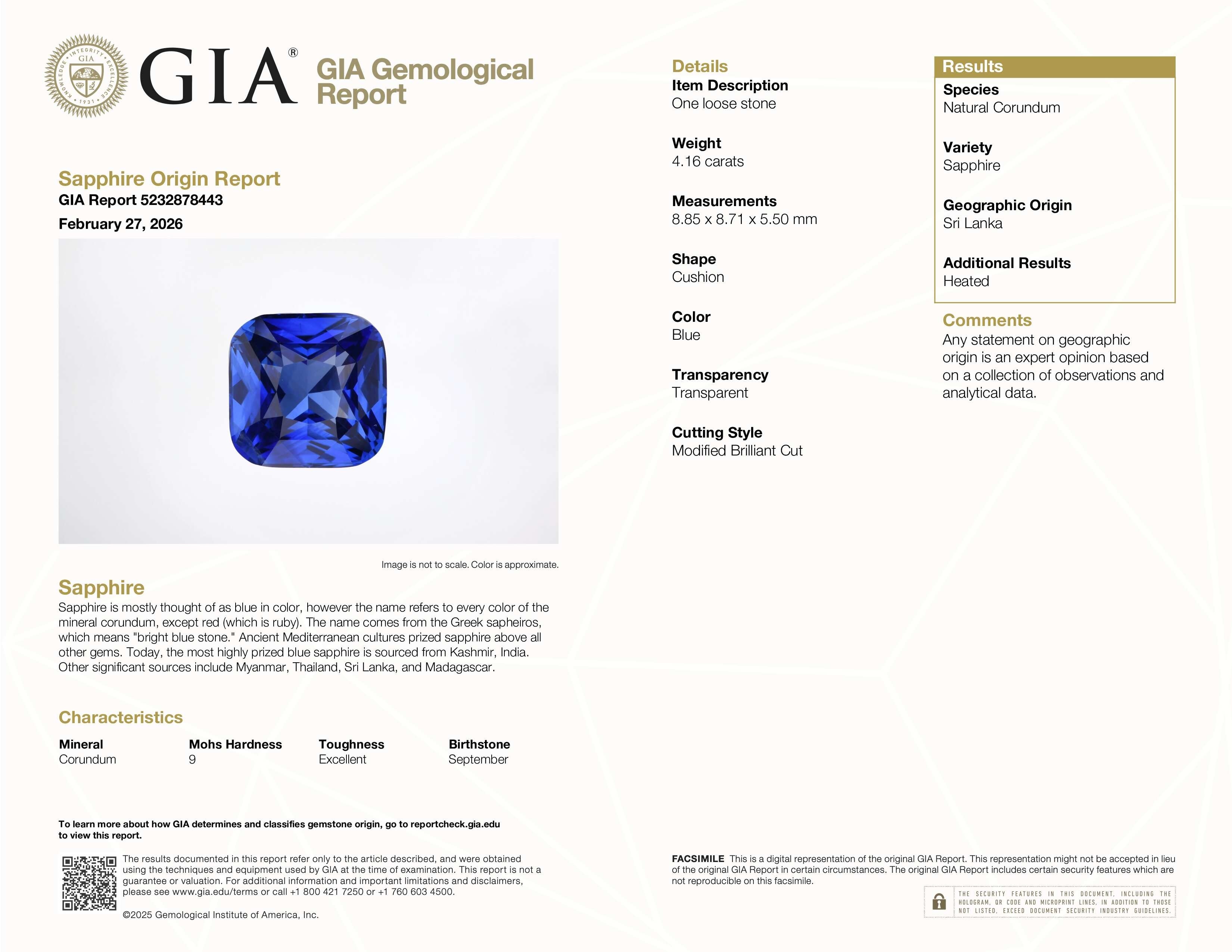 4.16 Ct. Blue Sapphire from Ceylon (Sri Lanka)