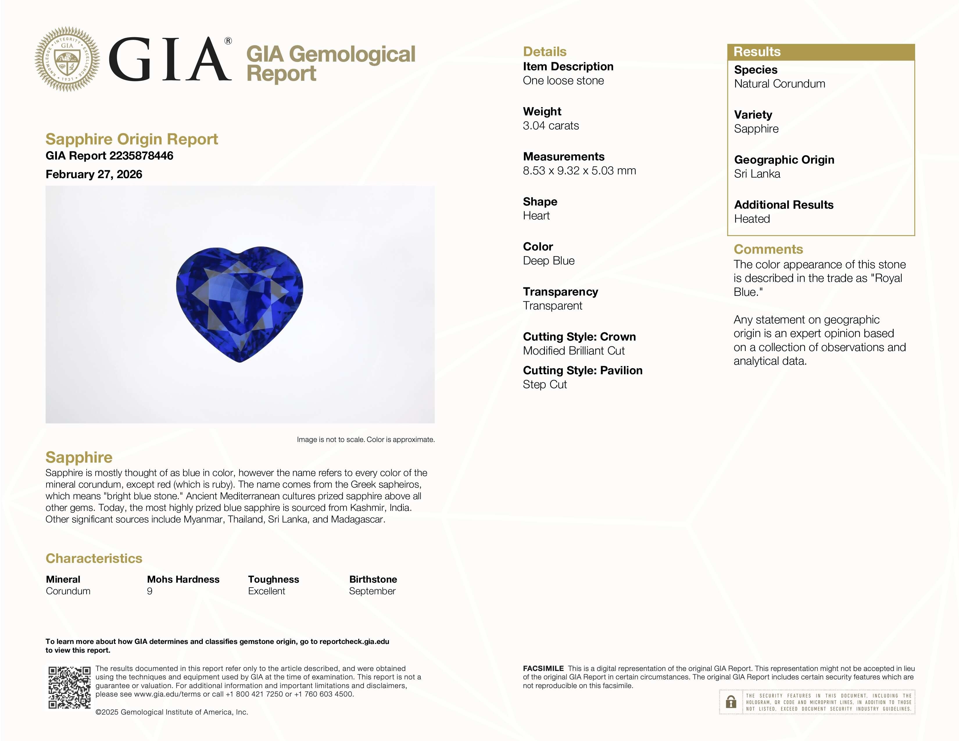 3.04 Ct. Blue Sapphire from Ceylon (Sri Lanka)