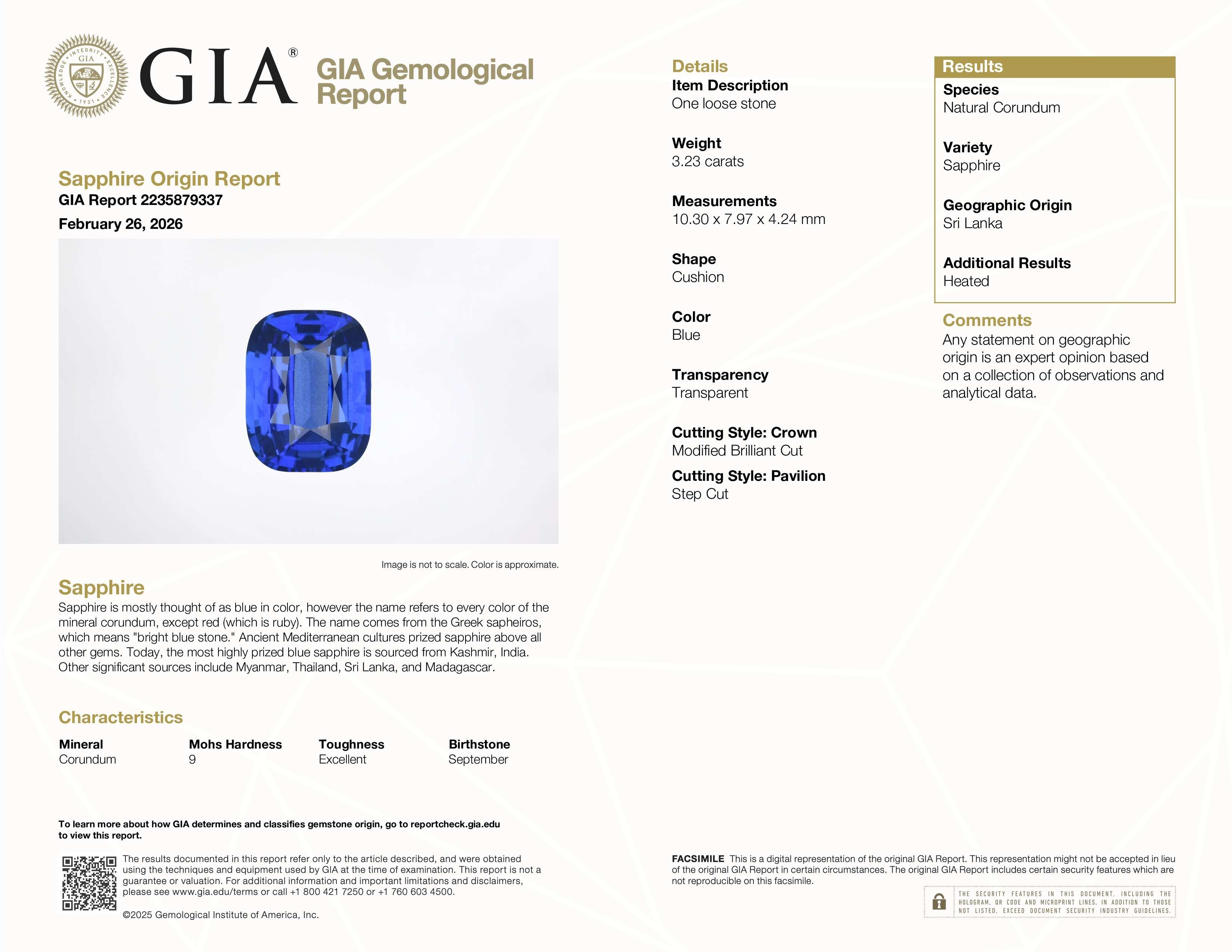 3.23 Ct. Blue Sapphire from Ceylon (Sri Lanka)