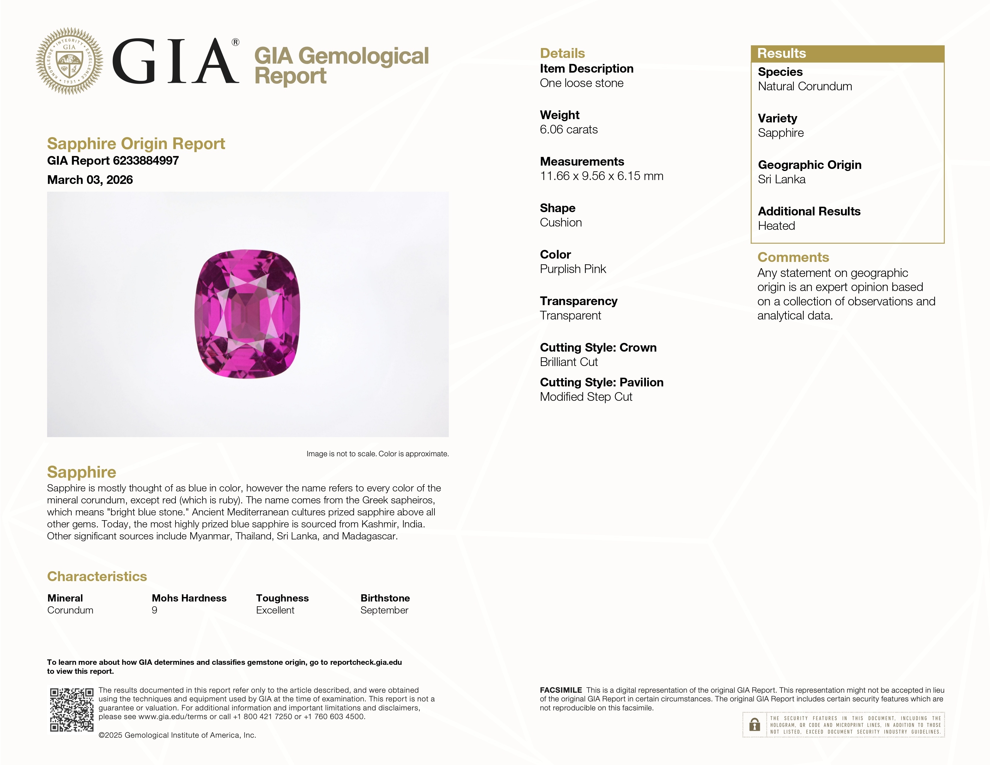 6.06 Ct. Purplish Pink Sapphire from Ceylon (Sri Lanka)