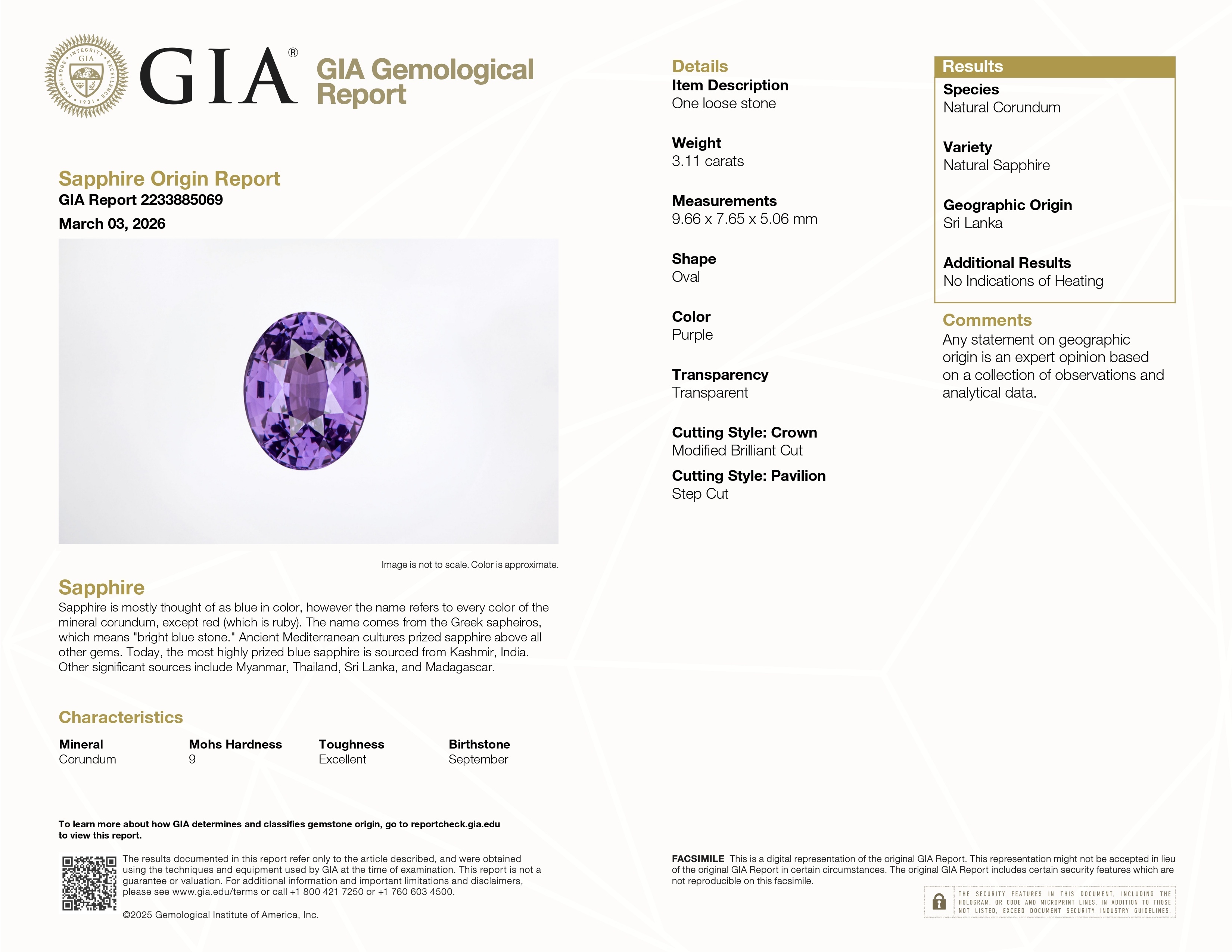 3.11 Ct. Purple Sapphire from Ceylon (Sri Lanka)