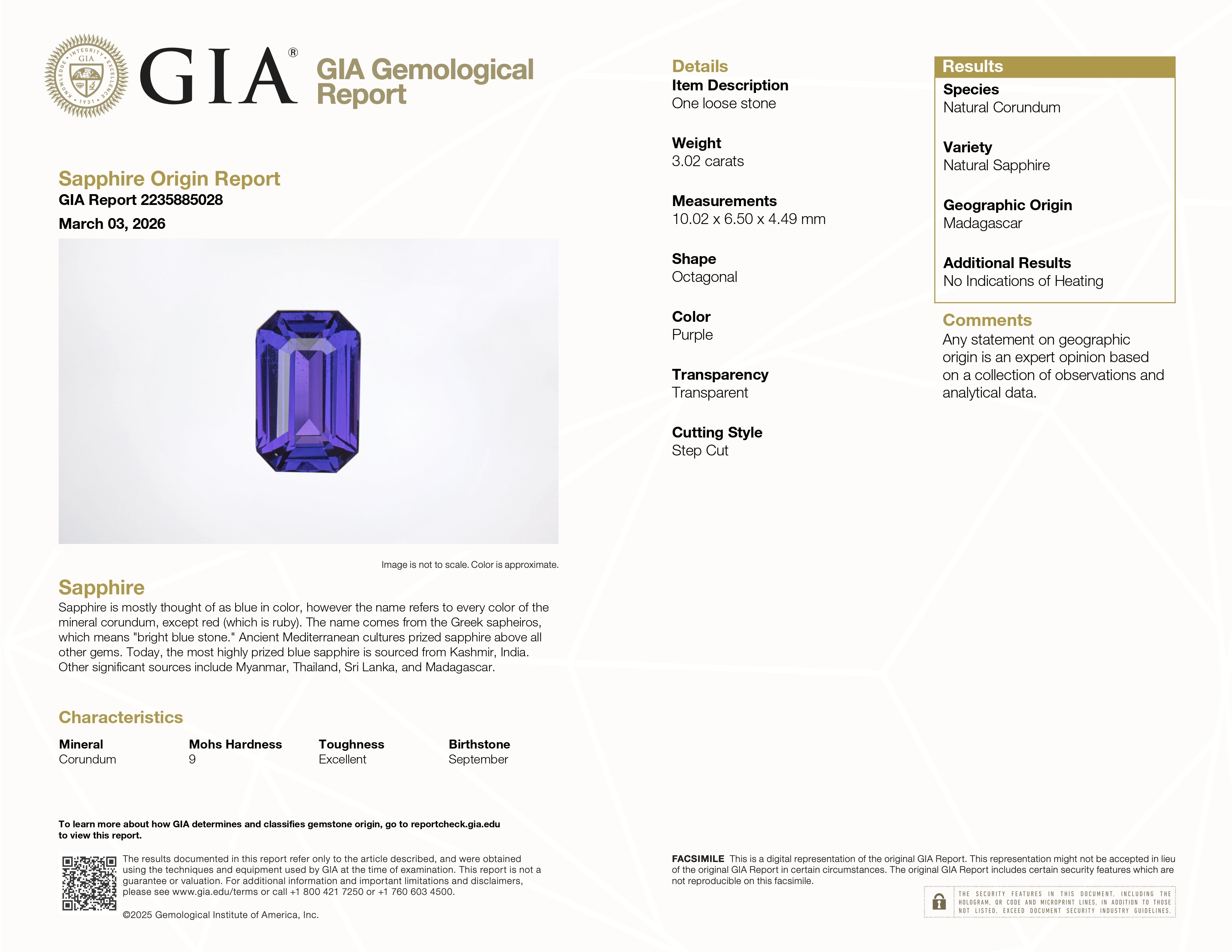 3.02 Ct. Purple Sapphire from Madagascar