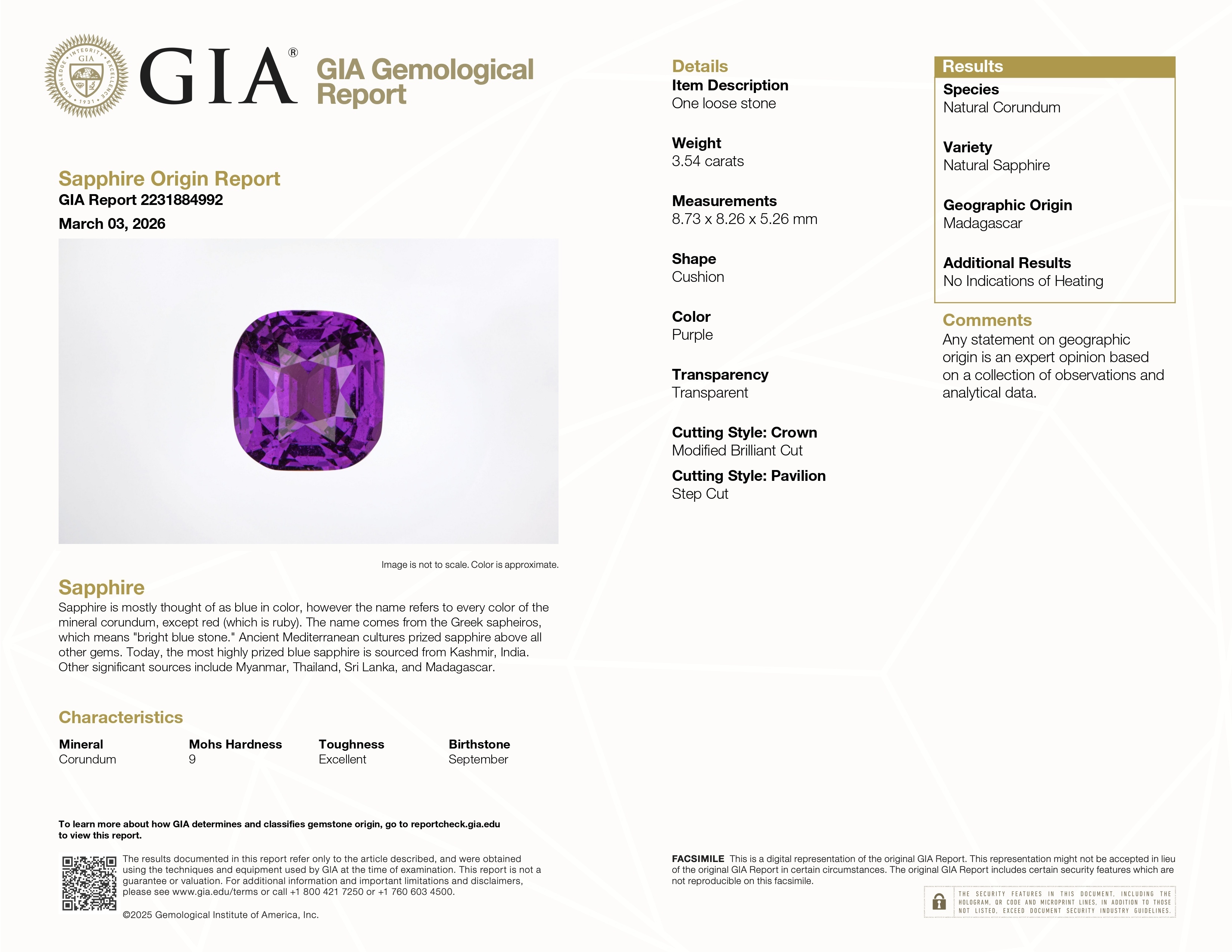 3.54 Ct. Purple Sapphire from Madagascar