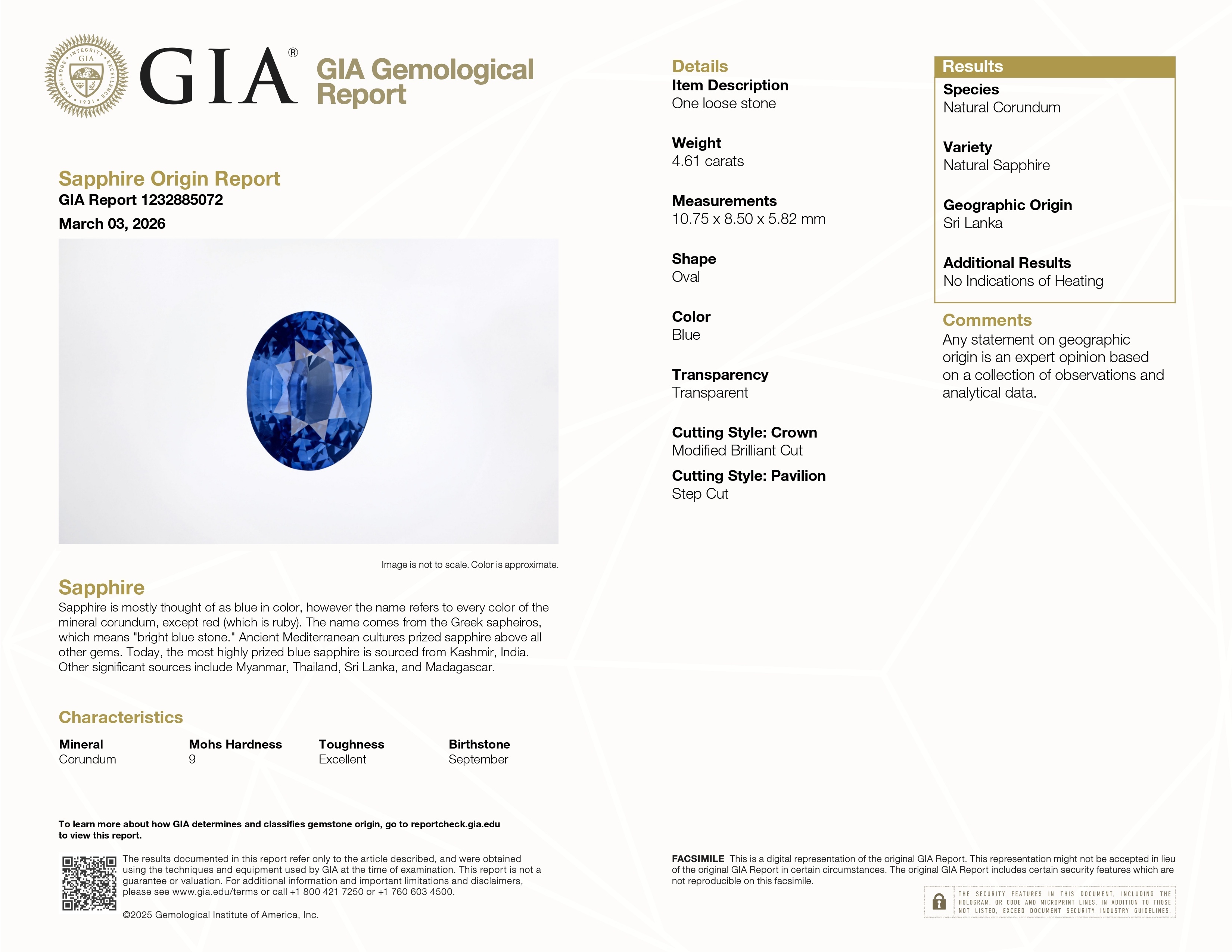 4.61 Ct. Blue Sapphire from Ceylon (Sri Lanka)