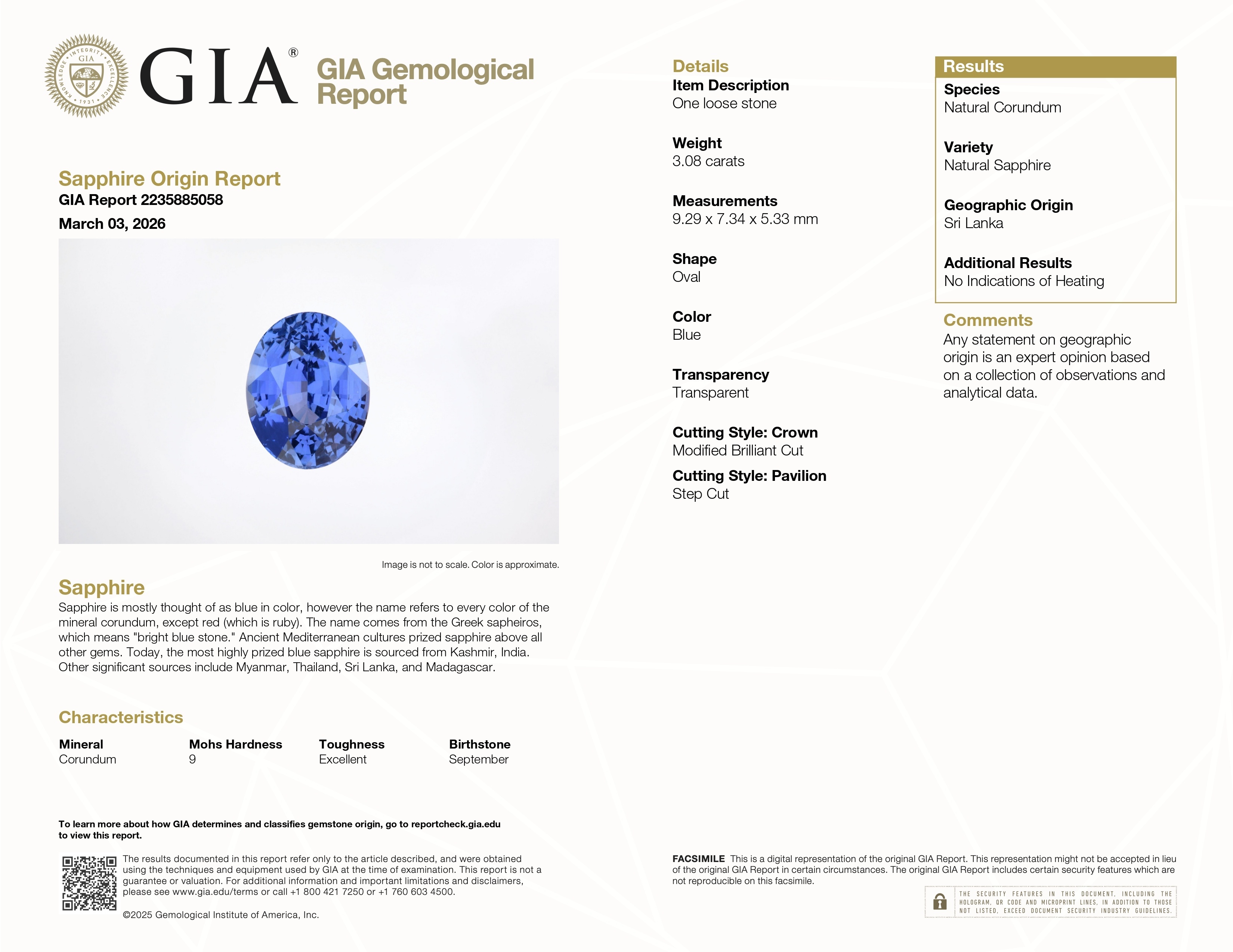 3.08 Ct. Blue Sapphire from Ceylon (Sri Lanka)