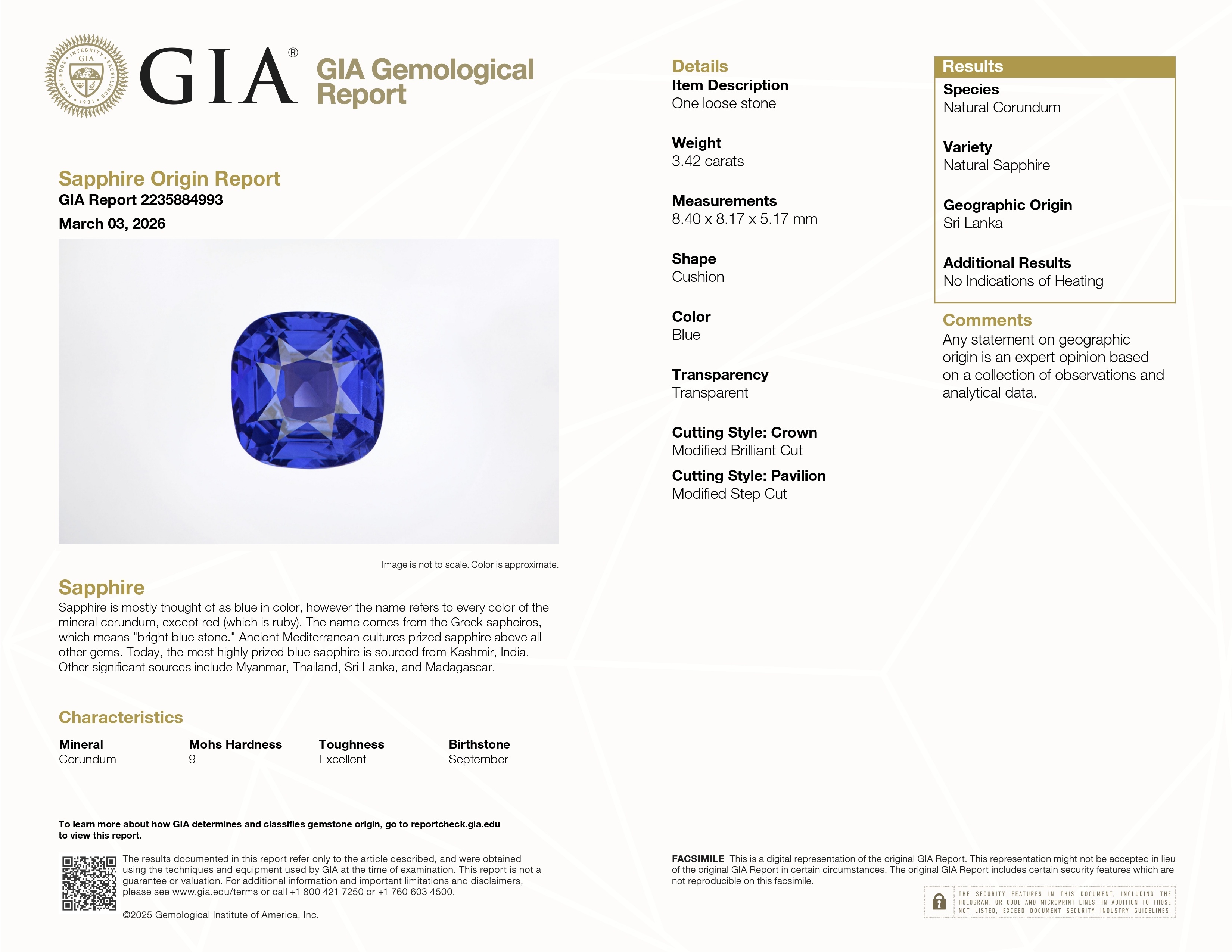3.42 Ct. Blue Sapphire from Ceylon (Sri Lanka)