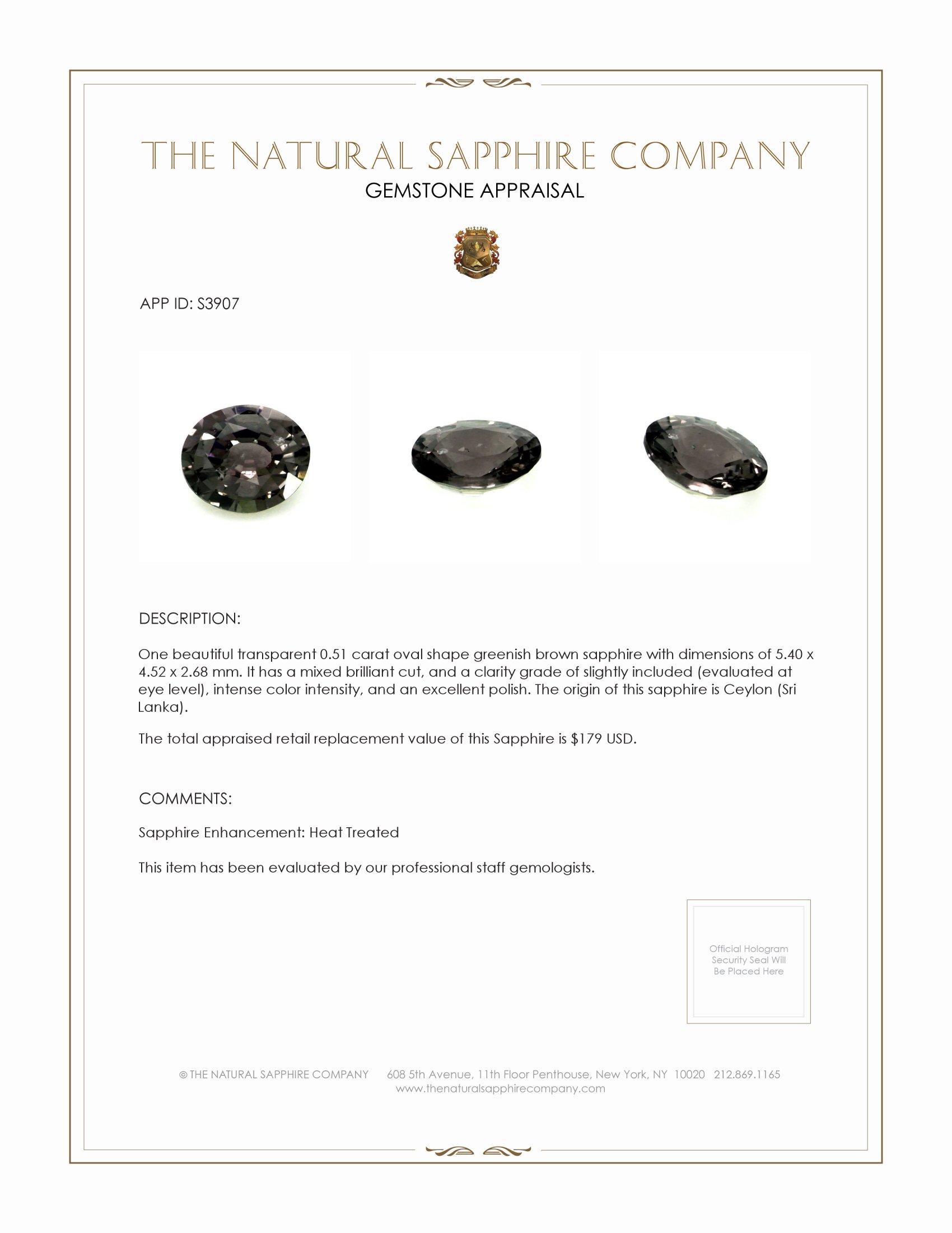0.51 Ct. Greenish Brown Sapphire from Ceylon (Sri Lanka)