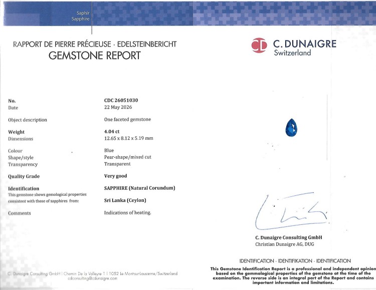 4.04 Ct. Blue Sapphire from Ceylon (Sri Lanka)