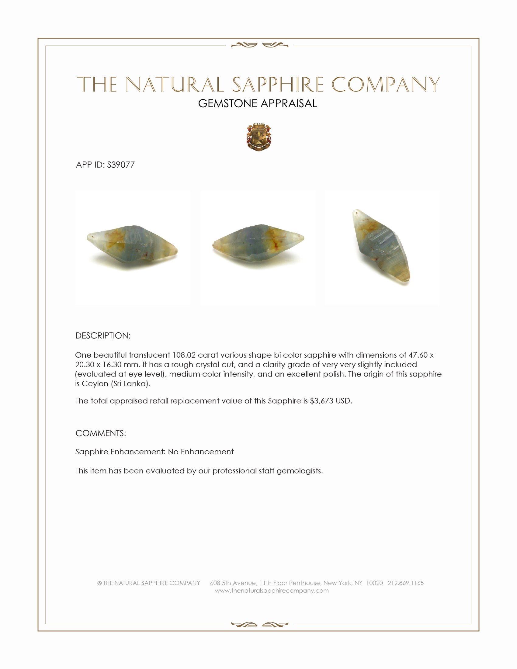 108.02 Ct. Bi Color Sapphire Crystal from Ceylon (Sri Lanka)