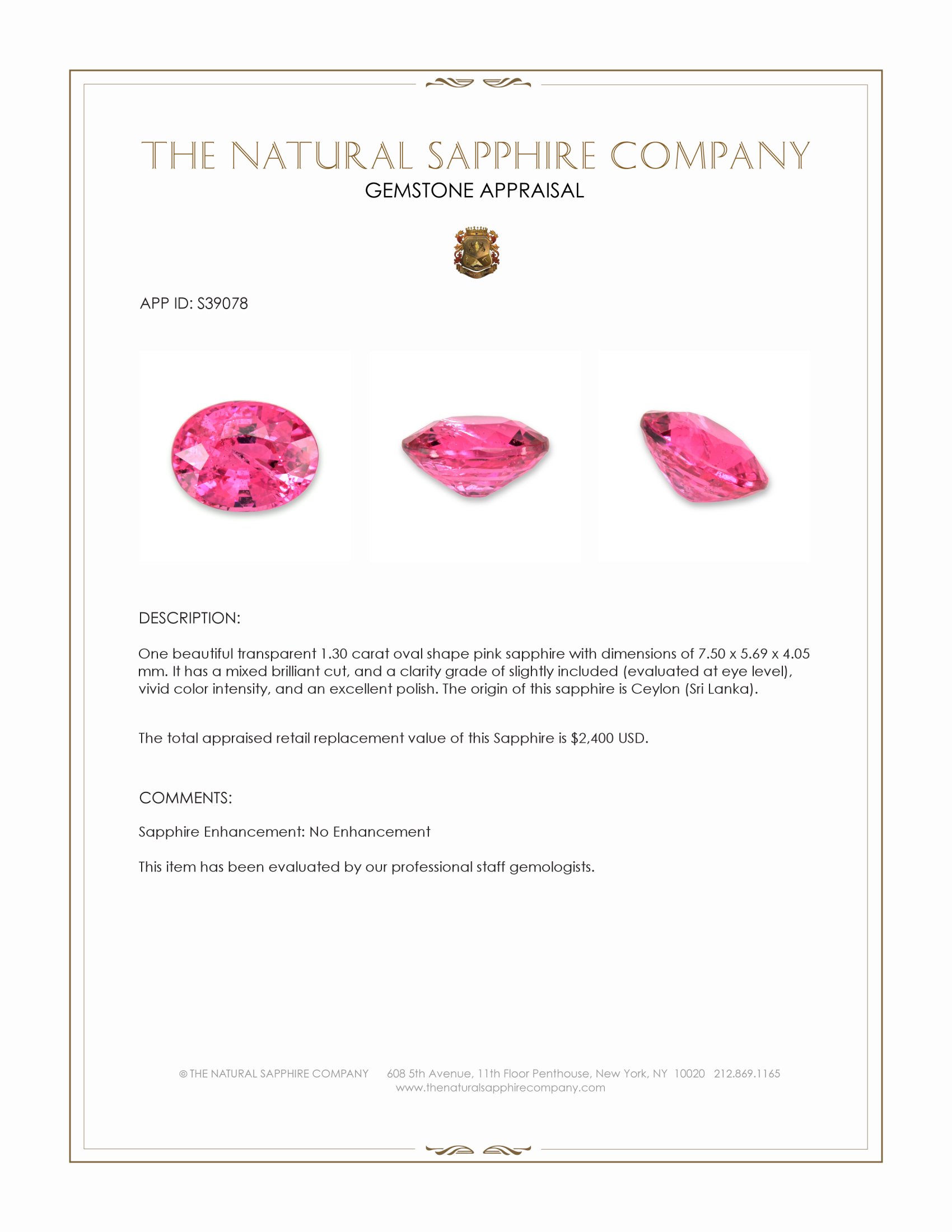 1.30 Ct. Pink Sapphire from Ceylon (Sri Lanka)