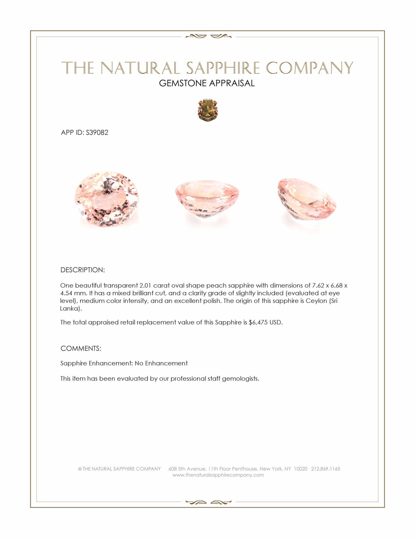 2.01 Ct. Peach Sapphire from Ceylon (Sri Lanka)