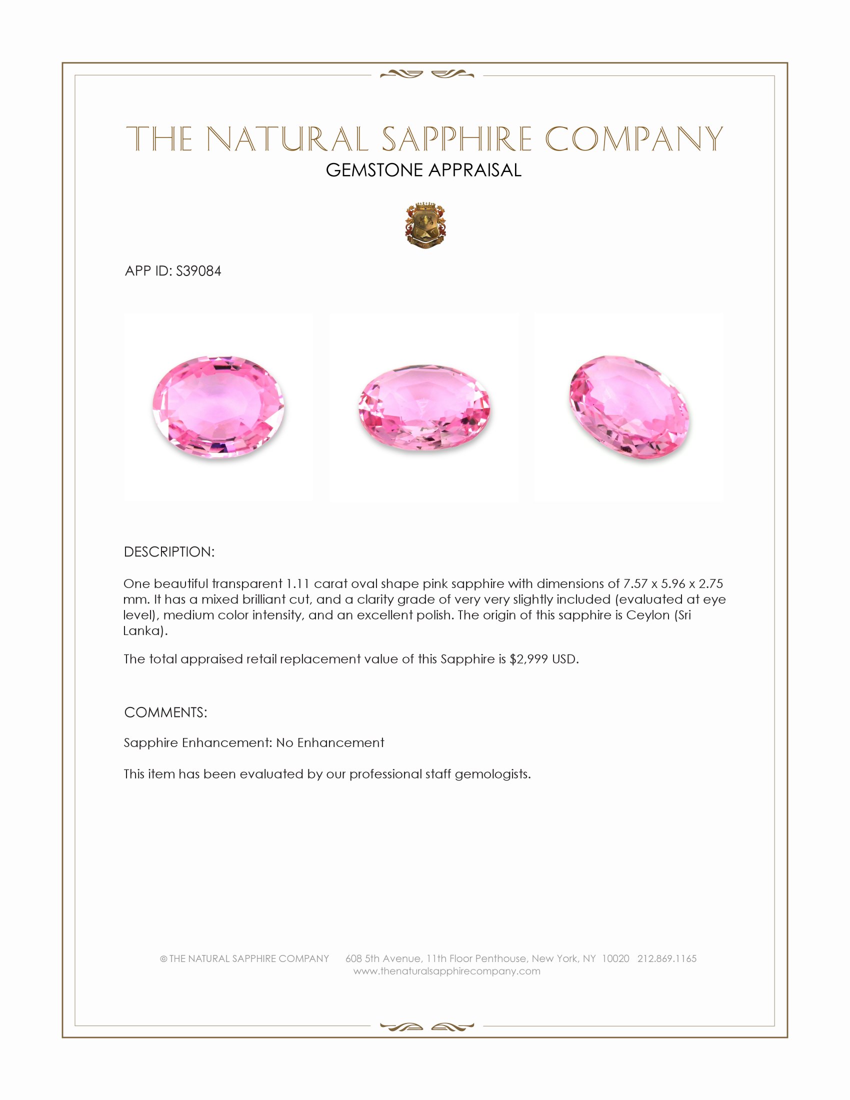 1.11 Ct. Pink Sapphire from Ceylon (Sri Lanka)