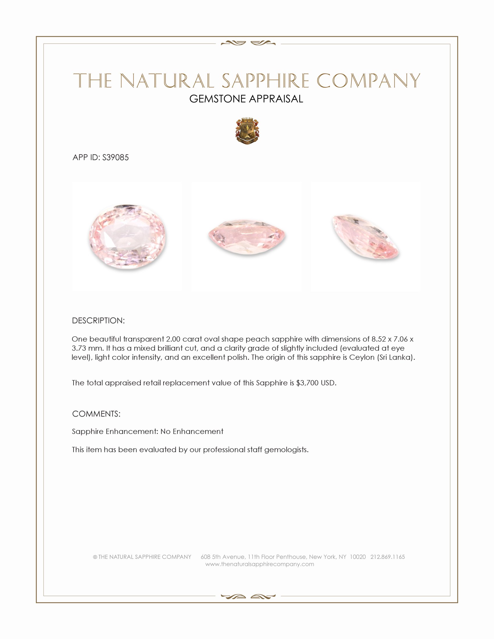 2.00 Ct. Peach Sapphire from Ceylon (Sri Lanka)