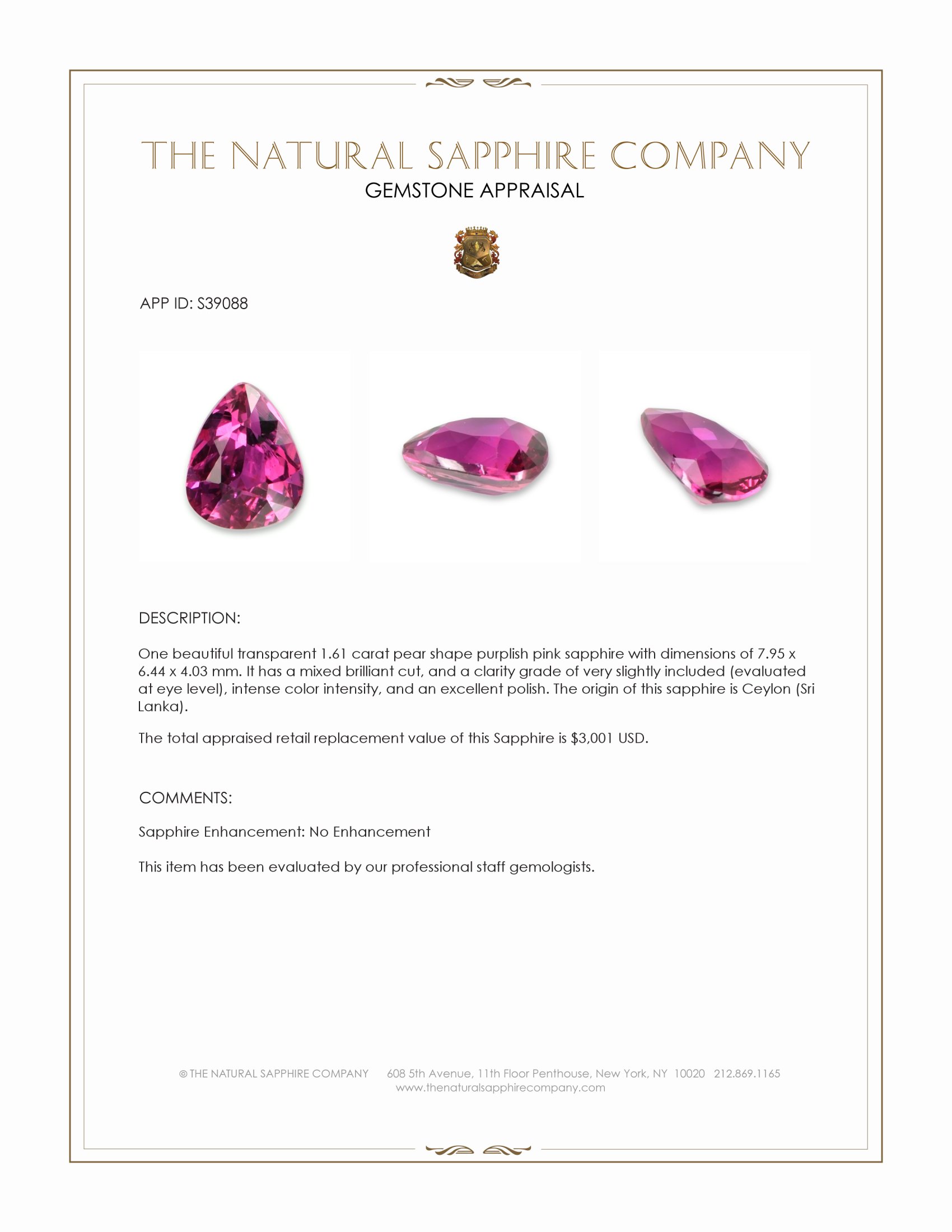 1.61 Ct. Purplish Pink Sapphire from Ceylon (Sri Lanka)