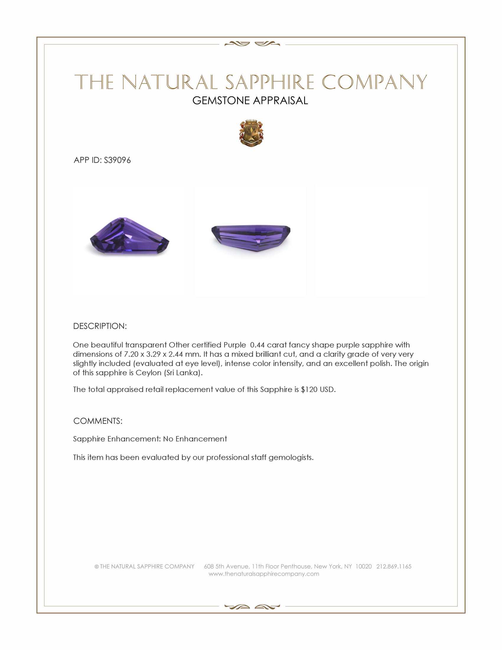 0.44 Ct. Purple Sapphire from Ceylon (Sri Lanka)