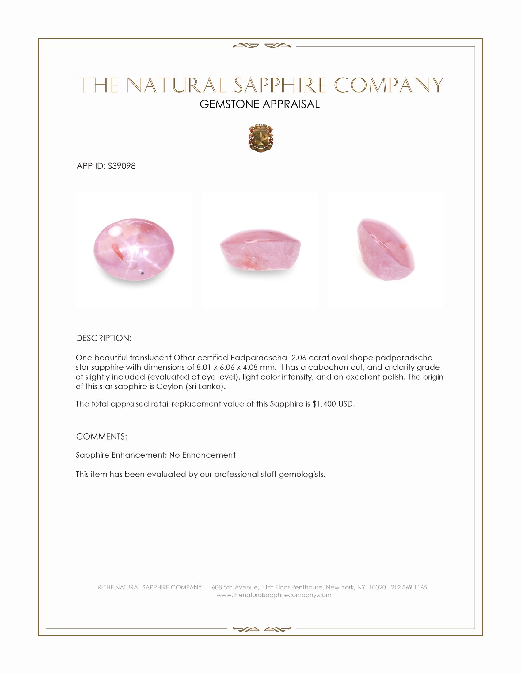 2.06 Ct. Padparadscha Star Sapphire from Ceylon (Sri Lanka)