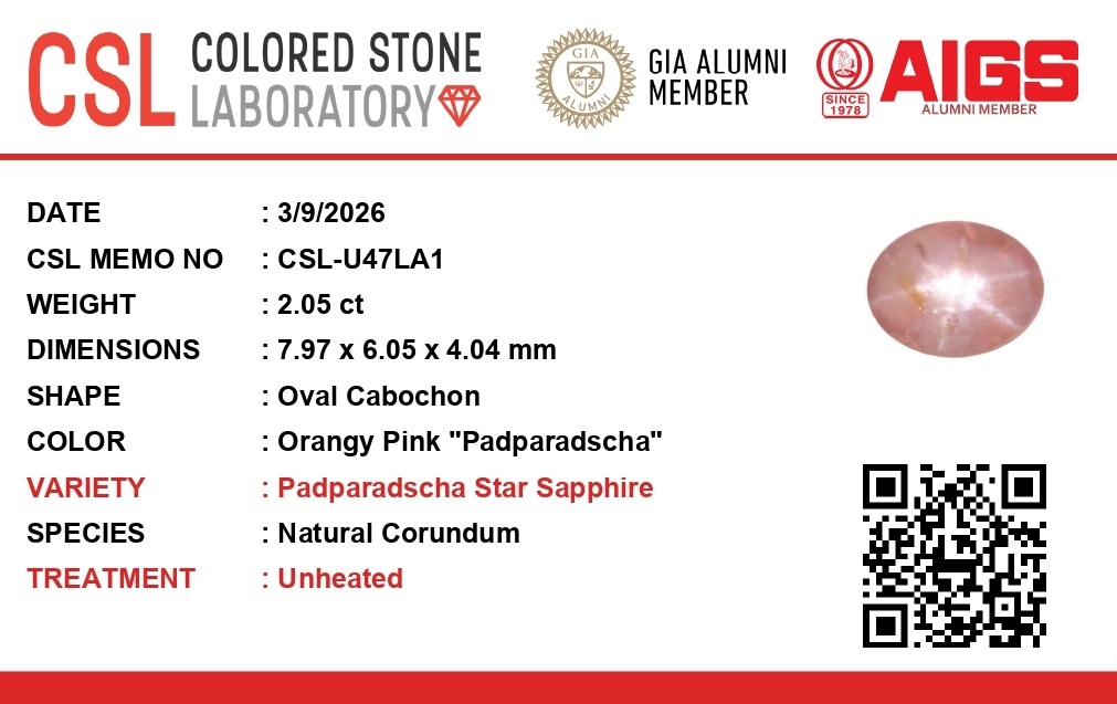 2.06 Ct. Padparadscha Star Sapphire from Ceylon (Sri Lanka)