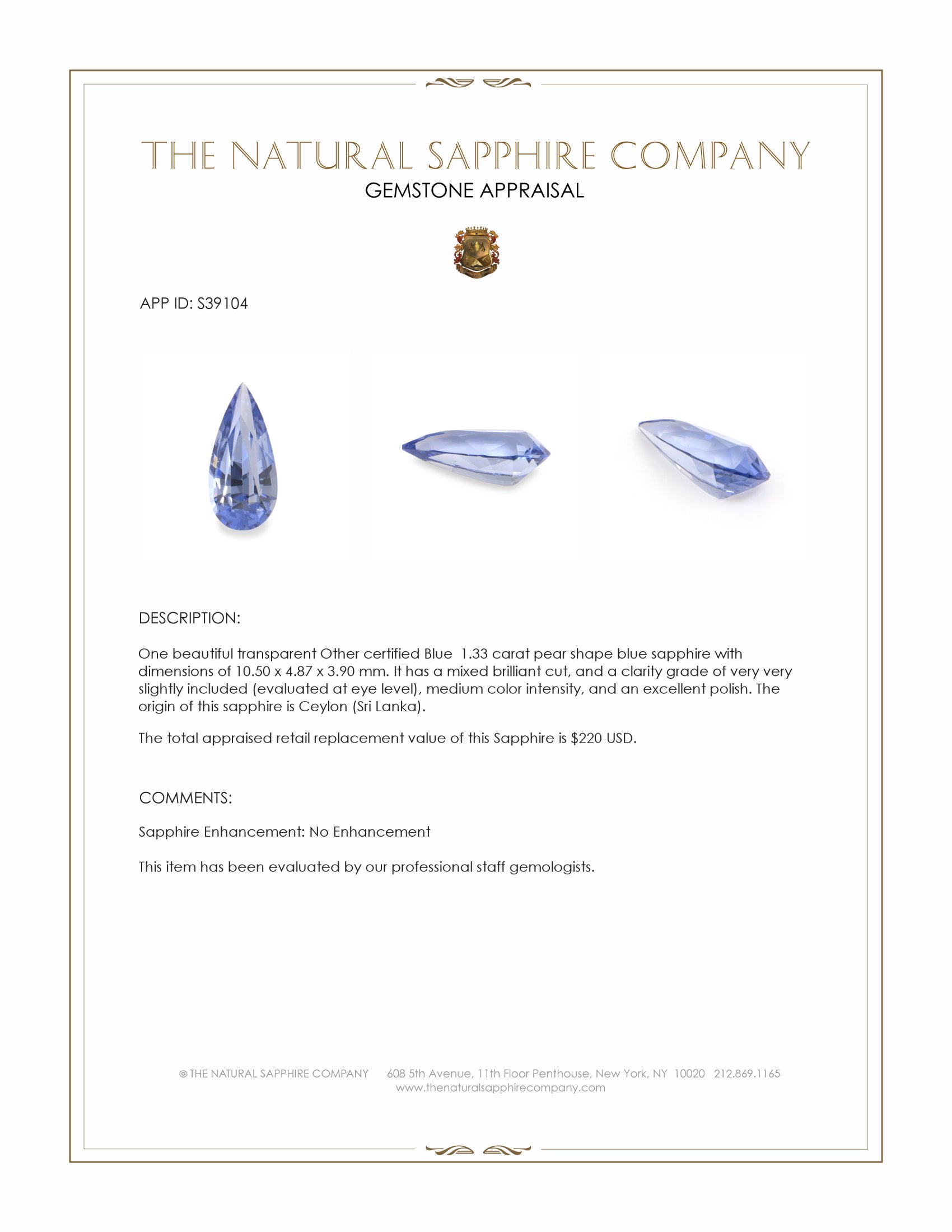 1.33 Ct. Blue Sapphire from Ceylon (Sri Lanka)