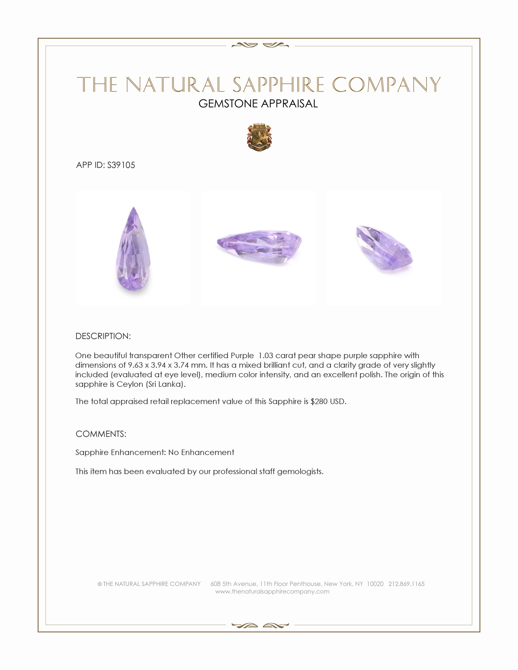 1.03 Ct. Purple Sapphire from Ceylon (Sri Lanka)