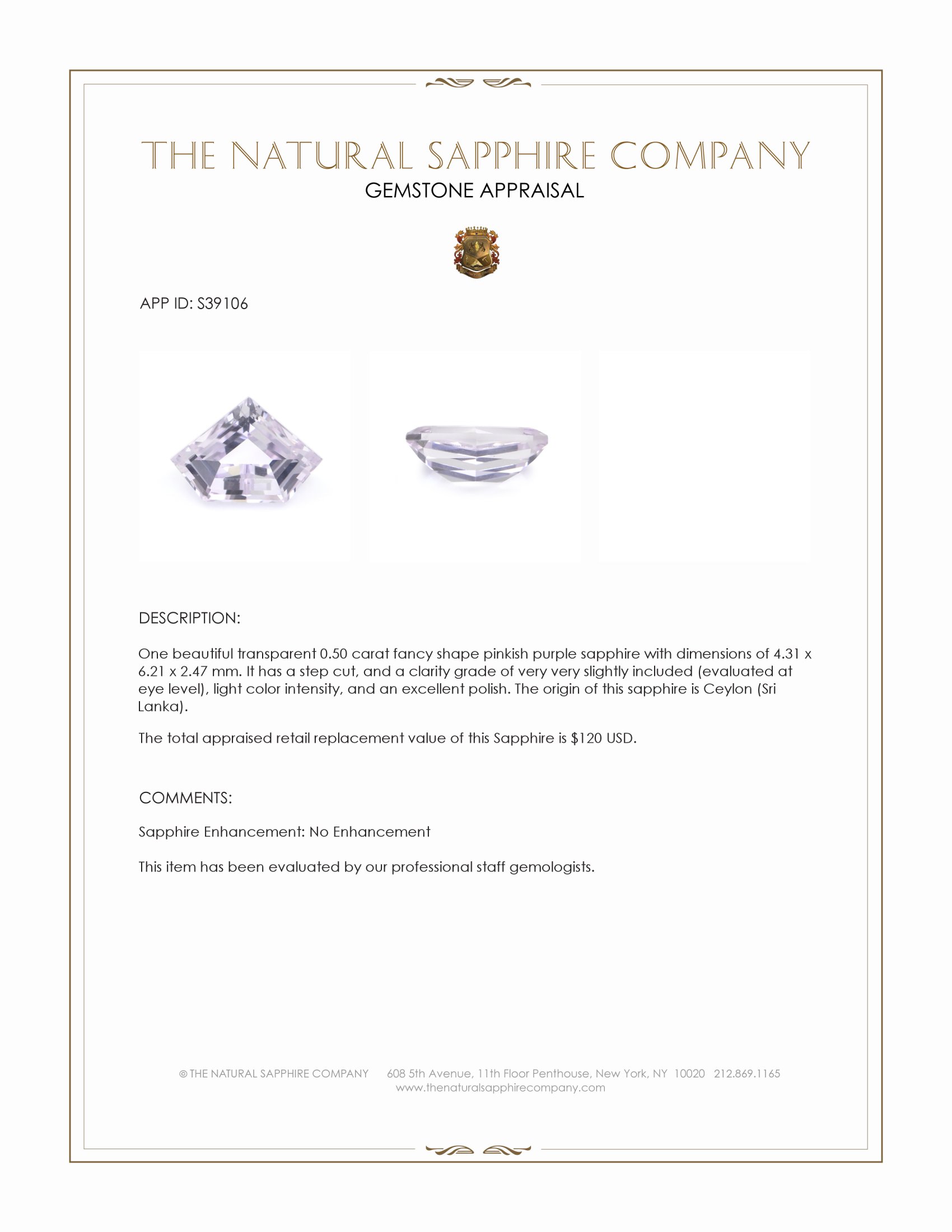 0.50 Ct. Pinkish Purple Sapphire from Ceylon (Sri Lanka)