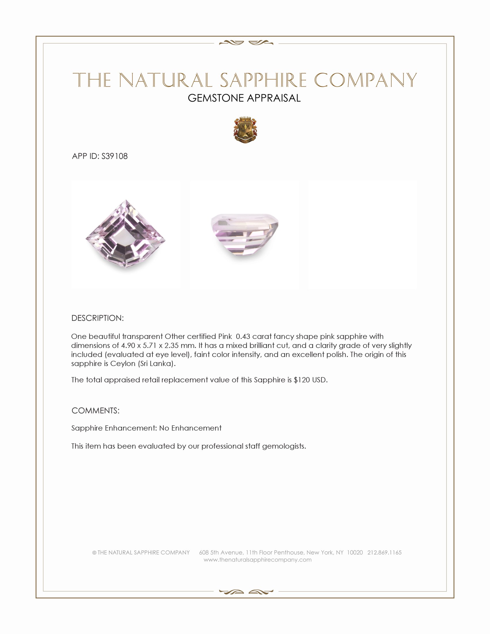 0.43 Ct. Pink Sapphire from Ceylon (Sri Lanka)