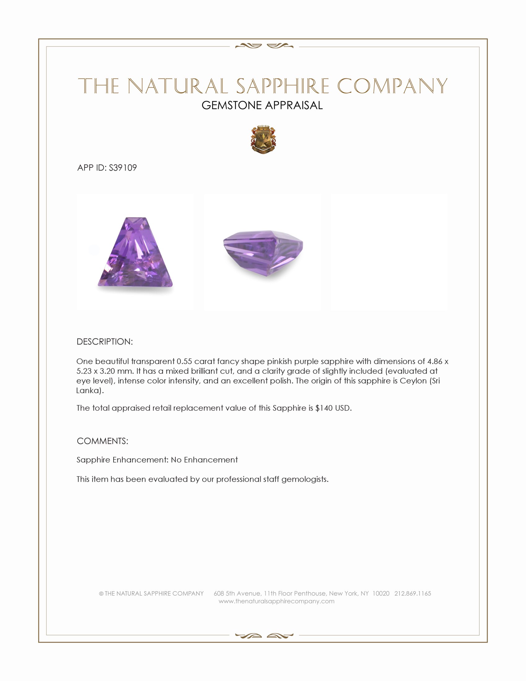 0.55 Ct. Pinkish Purple Sapphire from Ceylon (Sri Lanka)