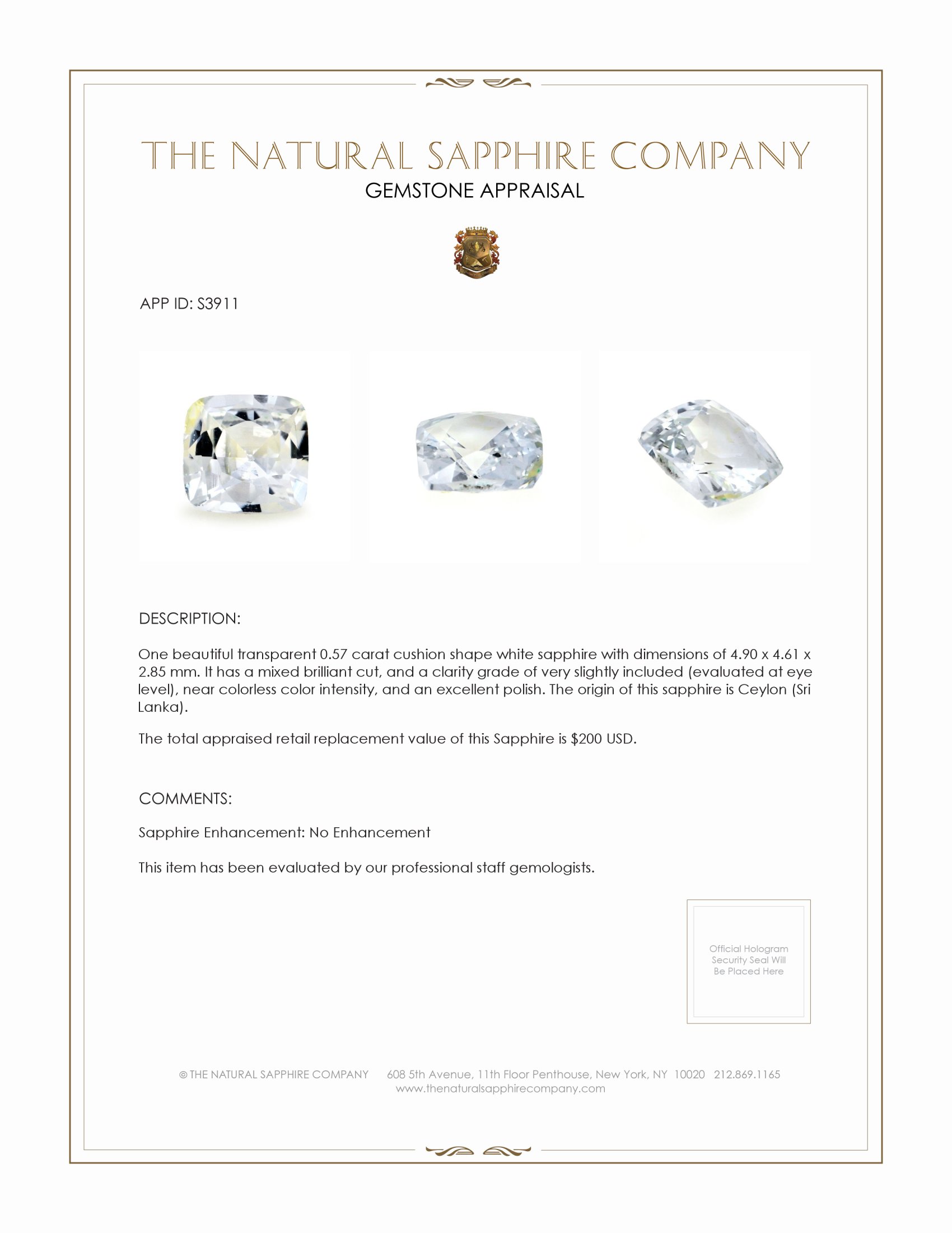 0.57 Ct. White Sapphire from Ceylon (Sri Lanka)
